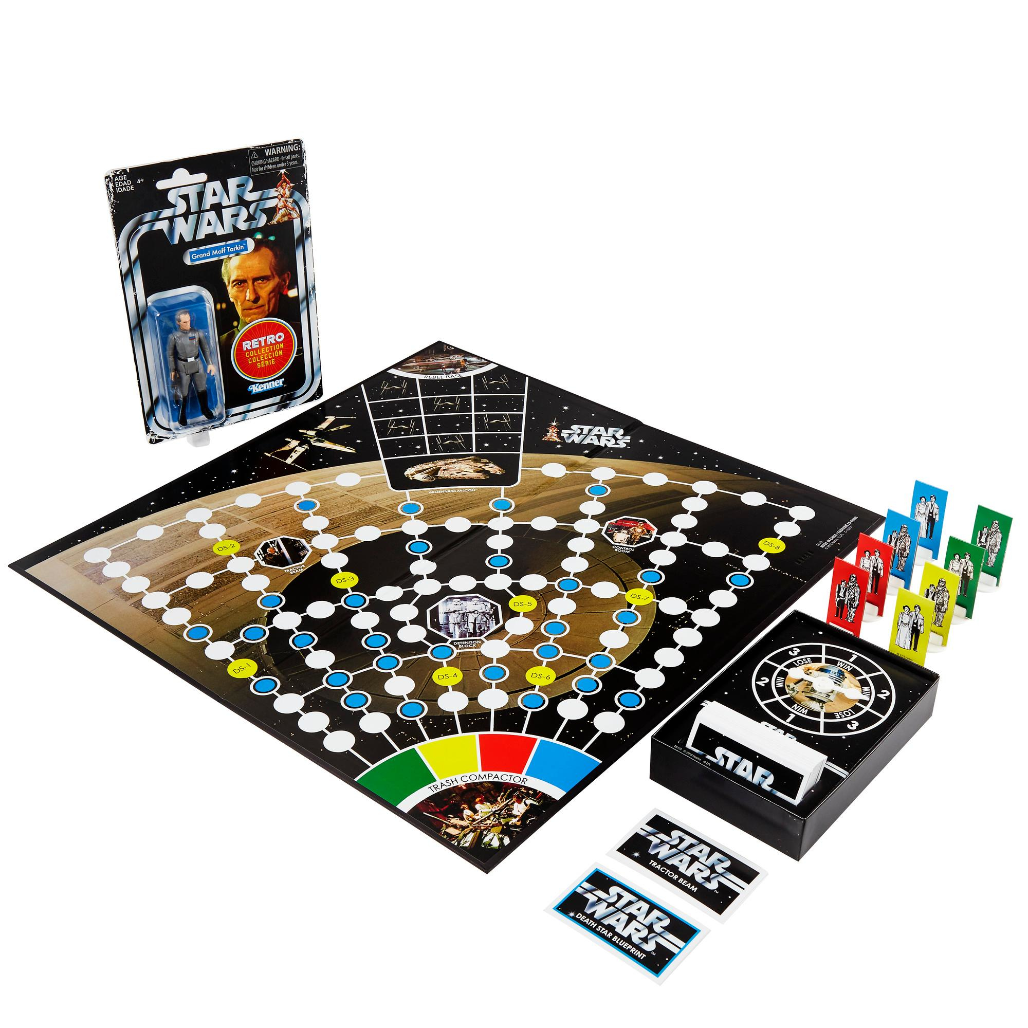 Star Wars Brettspiel mit Spielsteinen, Karten und einer Grand Moff Tarkin Actionfigur. Das Spielbrett ist schwarz mit einem weißen Pfad.
