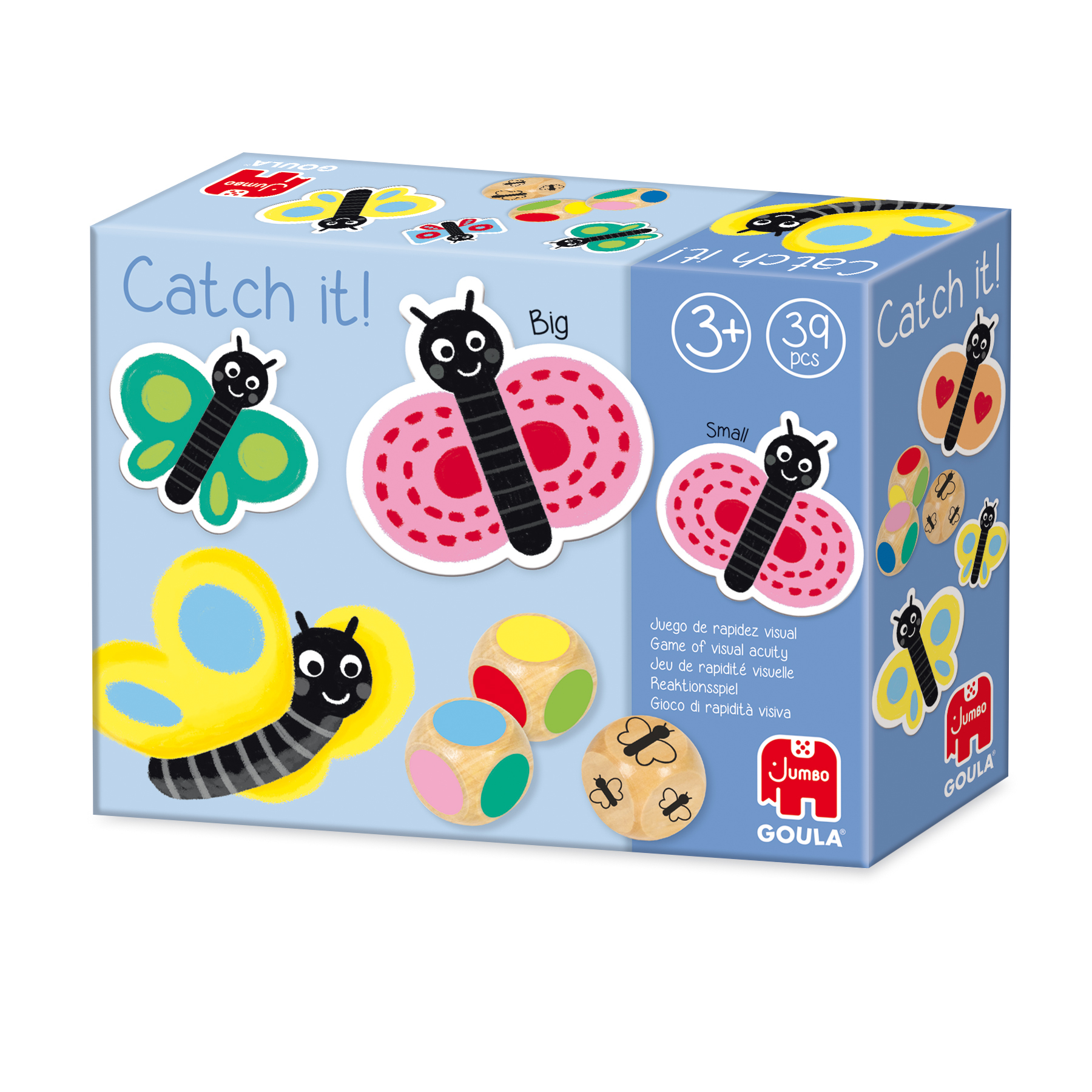 Jeu en boîte 'Catch it!' avec des illustrations de papillons, des dés et les logos de GOULA et JUMBO.