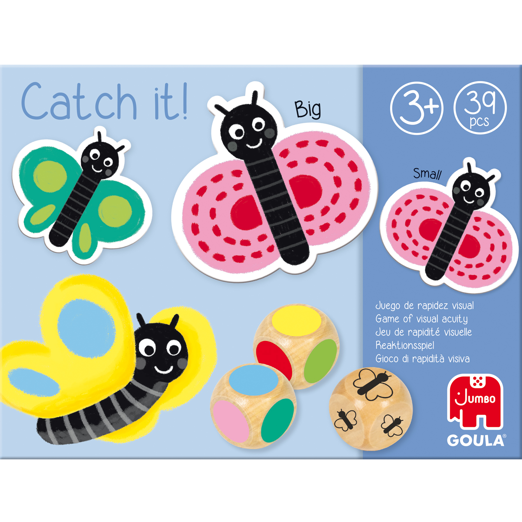 L'image présente un jeu pour enfants avec des découpes de papillons et des dés. La boîte de jeu porte l'inscription "Catch it!". 