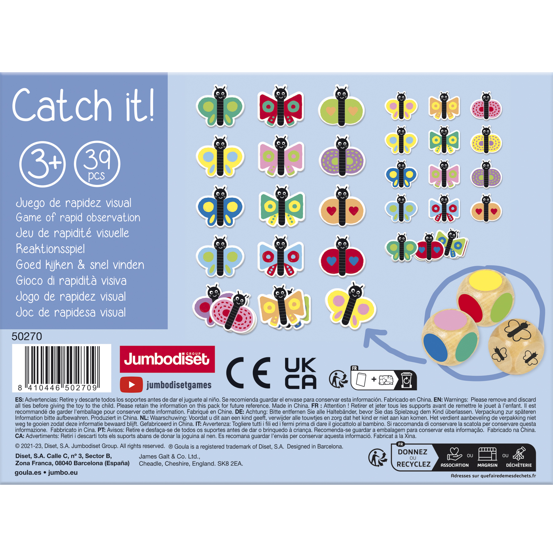 Boîte avec le jeu 'Catch it!'. Papillons de couleurs et dés avec symboles papillons et couleurs.