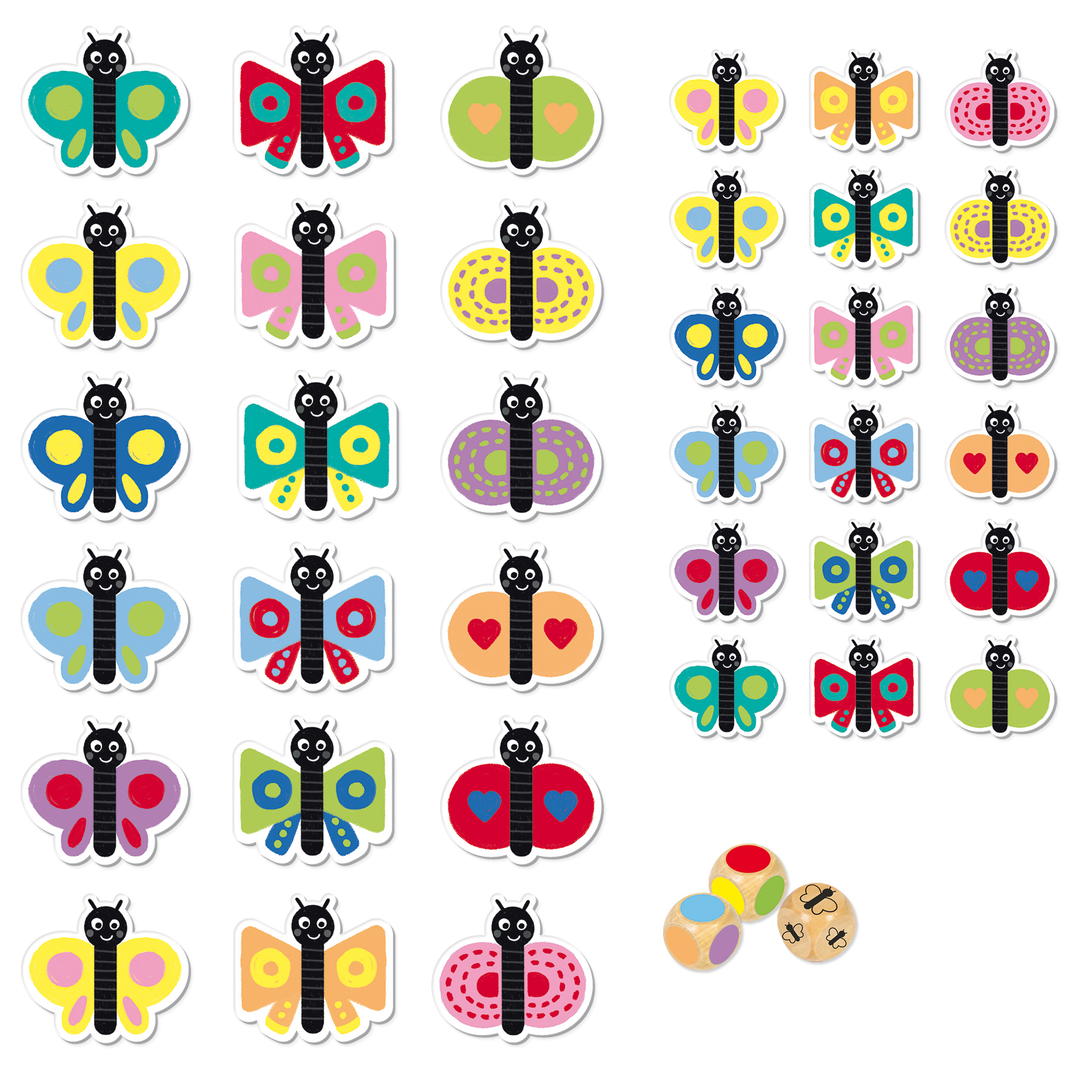L'image présente des autocollants de papillons colorés et des dés en bois avec des images de papillons sur fond blanc.