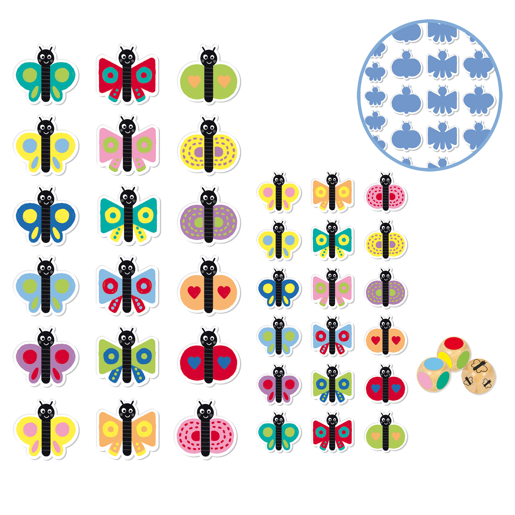 Autocollants de papillons colorés et un cercle de papillons bleus. Il y a aussi trois dés et deux boules en bois avec des images de papillons.