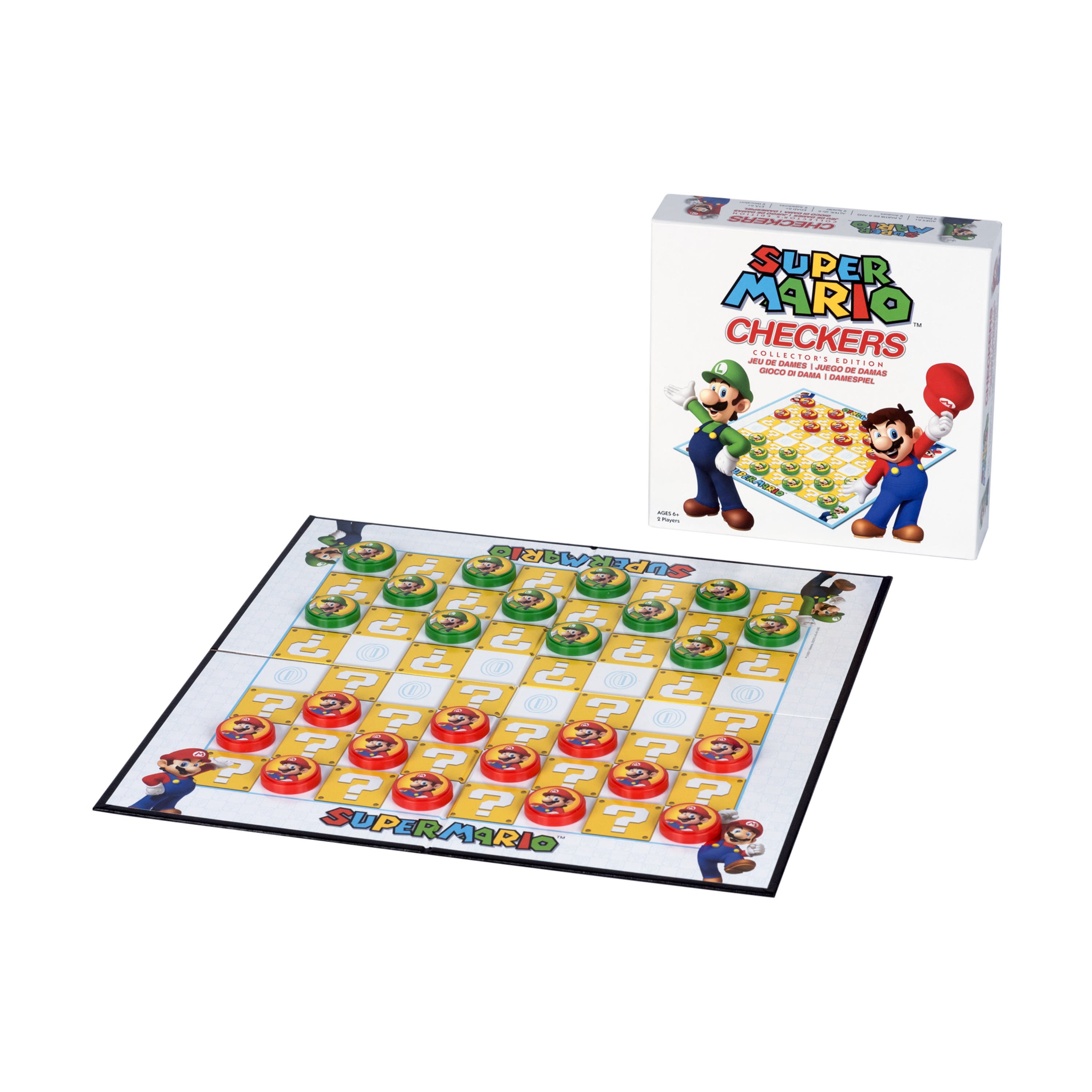 Super Mario Dame-Brettspiel. Mario und Luigi auf der Box und Dame-Steine. Das Brett hat Fragezeichen.