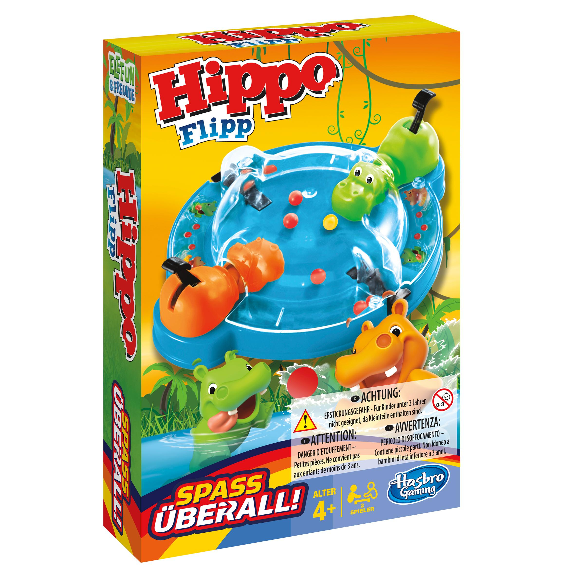 Schachtel des Hippo Flipp-Spiels. Es zeigt das Spiel mit Flusspferden und Bällen. Text auf Deutsch, Französisch und Italienisch.