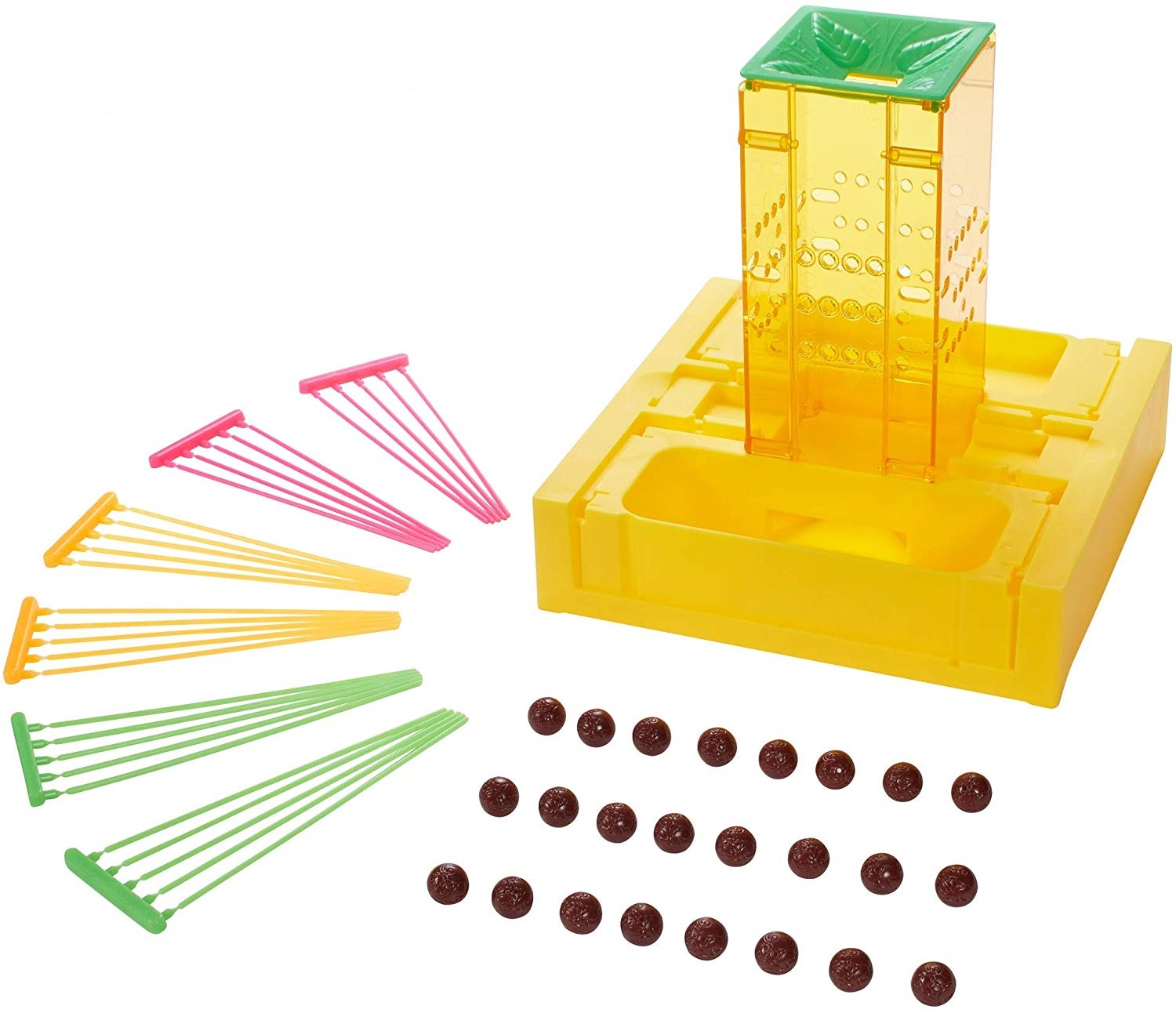 Ein gelbes Spielzeug mit transparentem Turm, bunten Rechen und braunen Kugeln. Der Turm hat eine grüne Spitze. Ein Spiel.
