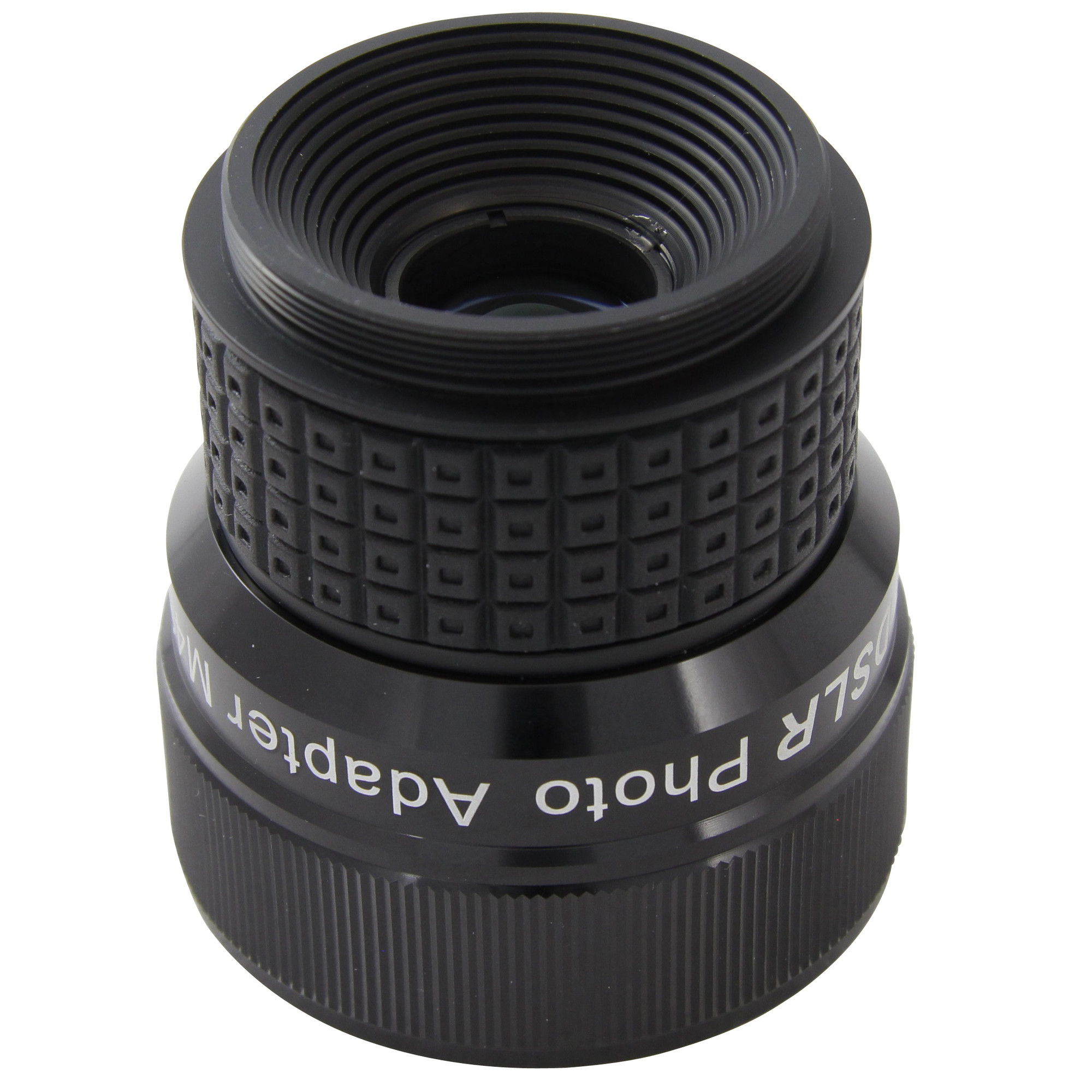 Schwarzer SLR-Fotoadapter mit strukturierten Oberflächen und Schraubgewinden, weißer Hintergrund. Enthält das Wort 'Adapter'.