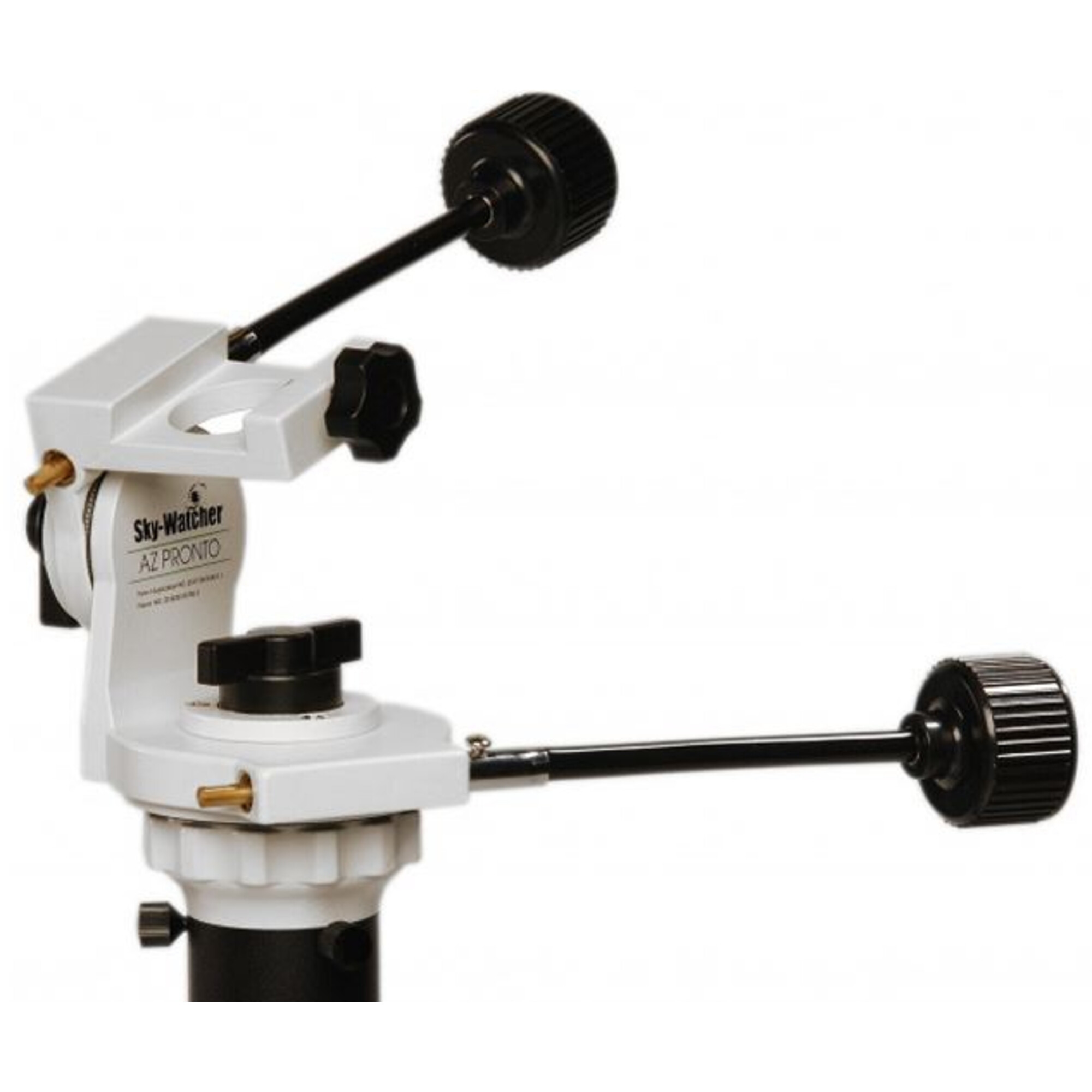 Eine weiße Sky-Watcher AZ PRONTO-Halterung mit schwarzen Einstellknöpfen und -stangen. Es ist für Teleskope konzipiert.