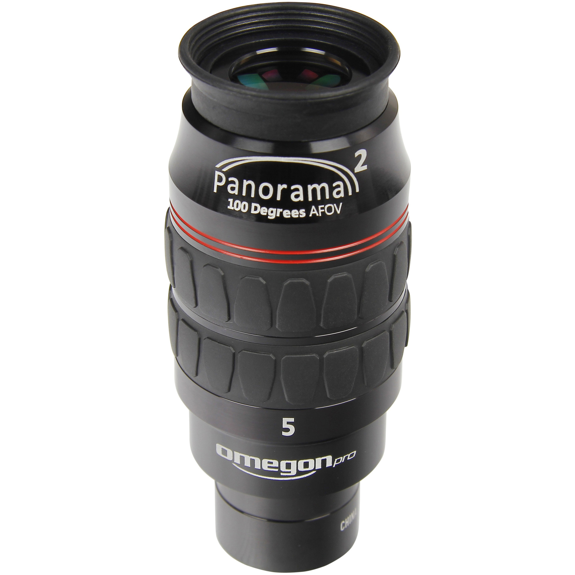 Ein schwarzes Teleskopokular mit dem Namen 'Panorama' und 'Omegon pro'. Es ist auf weißem Hintergrund.