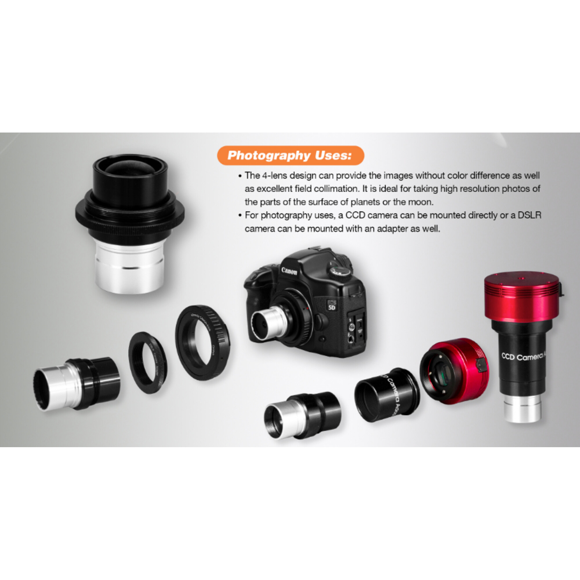 Das Bild zeigt Kamerateile: Objektive, Adapter und eine DSLR-Kamera. Rote und schwarze Komponenten sind sichtbar.