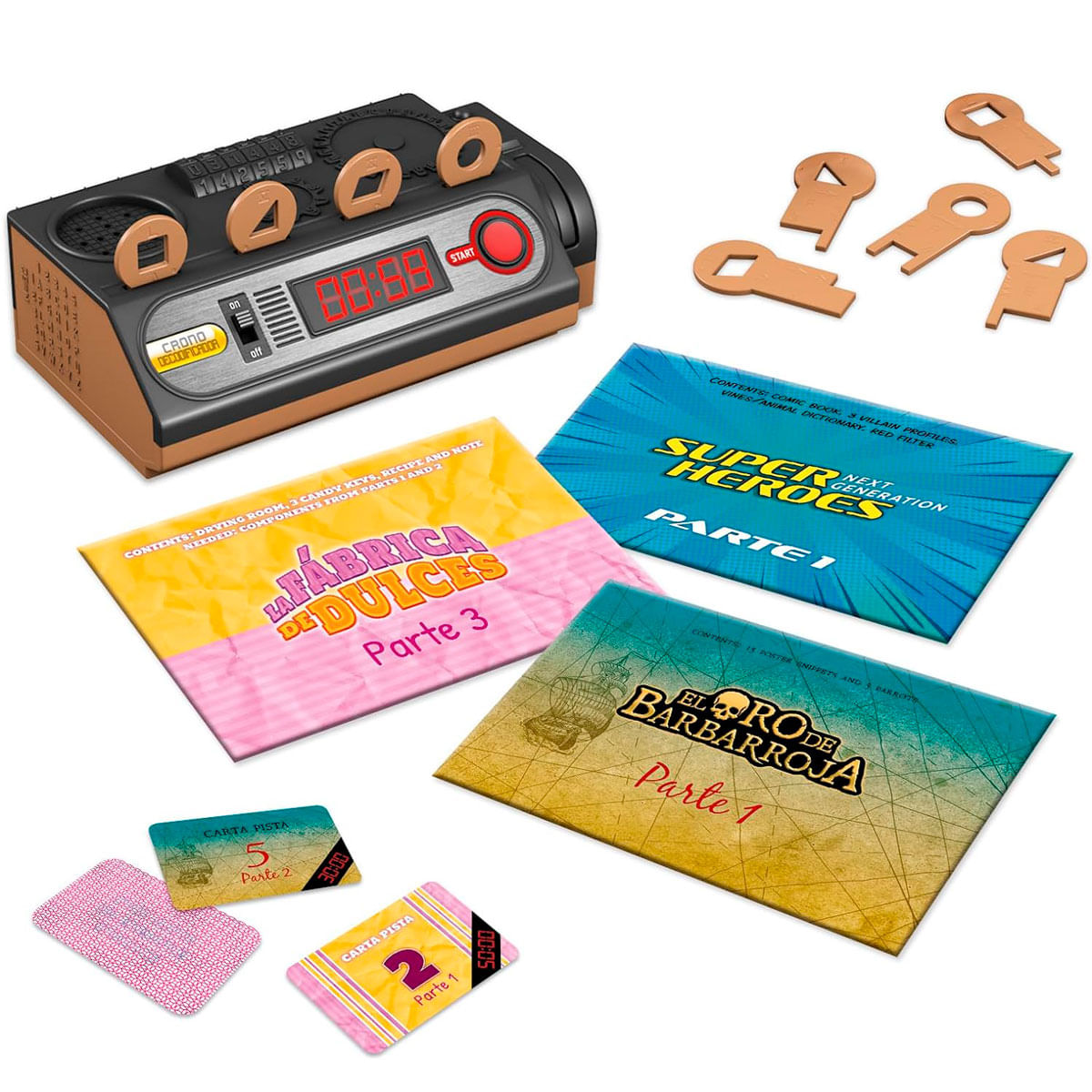 Spielkomponenten: Timer, Schlüssel, Karten und Spielhefte, darunter "La Fabrica de Dulces" und "Super Heroes".
