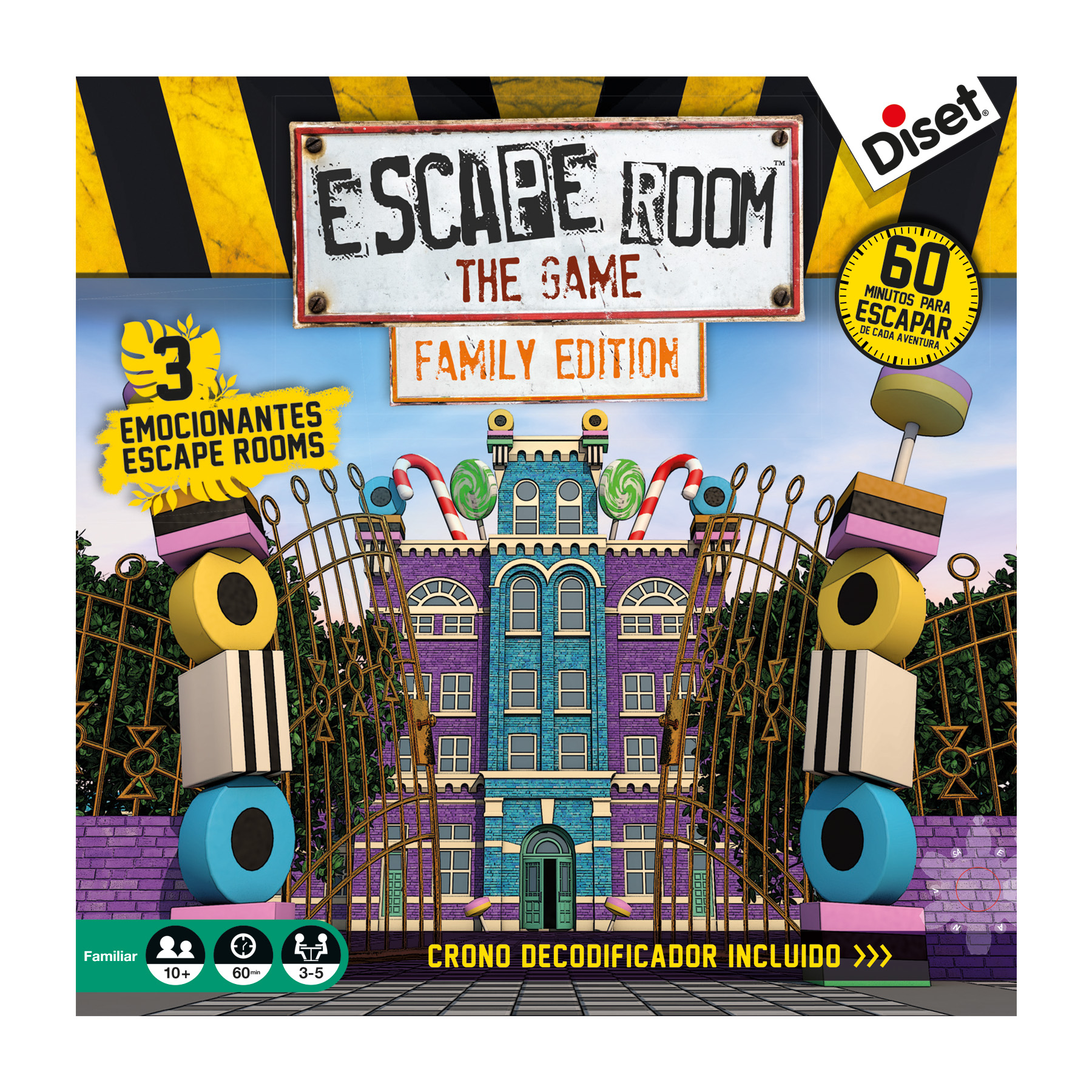 Escape Room Brettspielbox. Zeigt ein Gebäude und Süßigkeiten-Dekorationen. Enthält Spieldetails und Diset-Logo.
