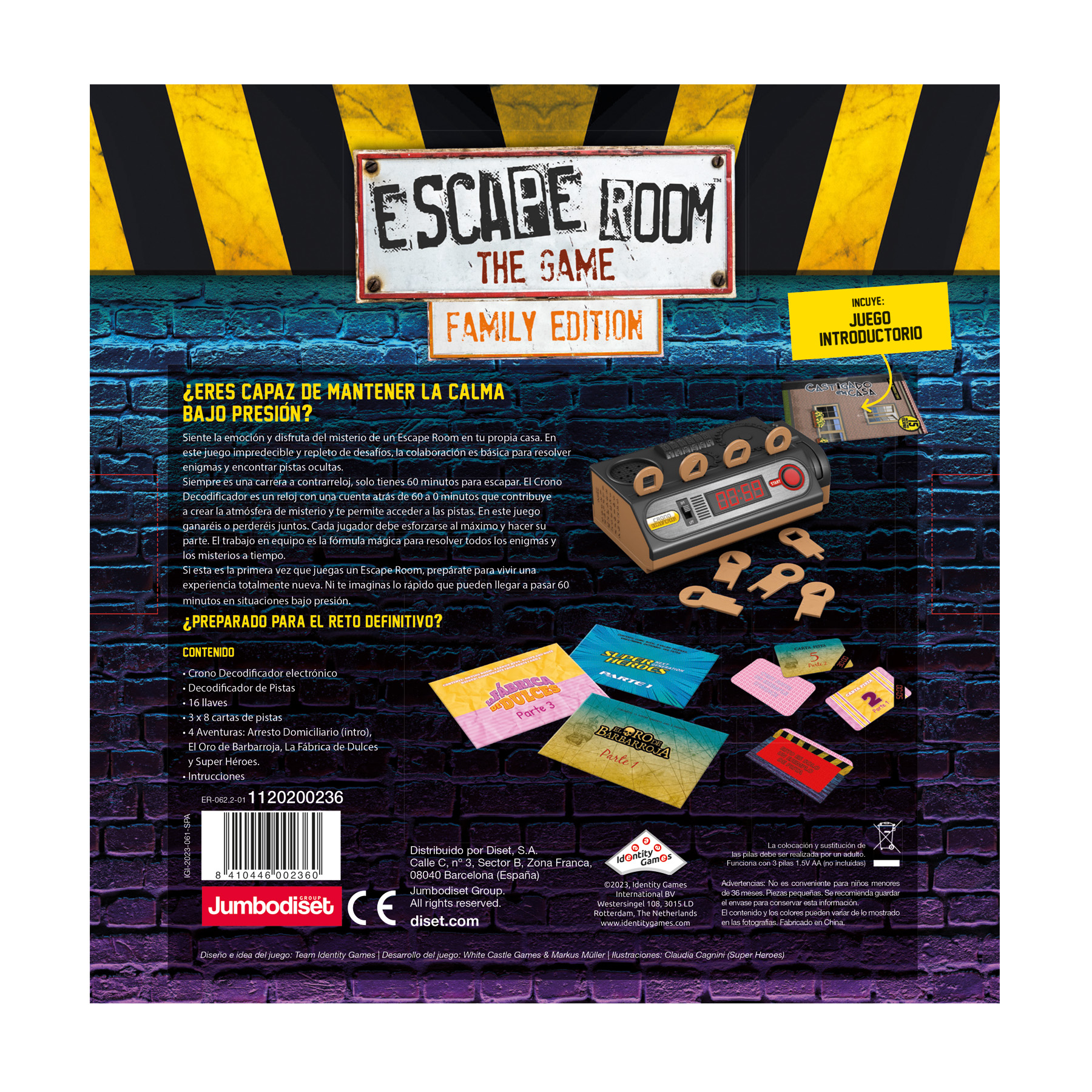 Schachtel des Escape Room Spiels. Enthält Timer, Schlüssel, Hinweiskarten und Abenteuerkarten. Mit dem Titel 'Escape Room The Game'.