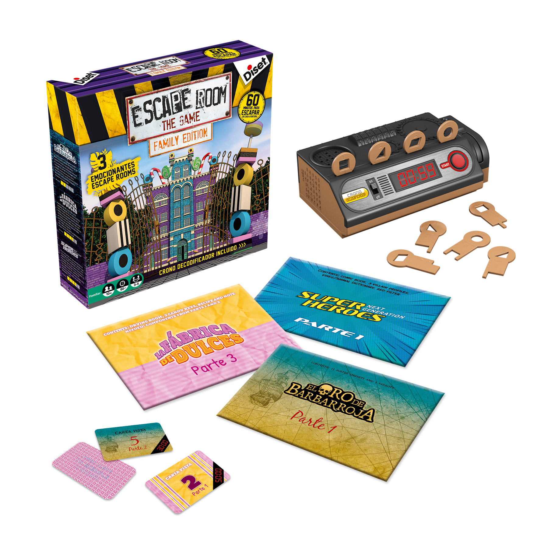 Escape Room Brettspiel mit Timer, Schlüsseln und Hinweiskarten. Die Box zeigt ein Gebäude und den Spieletitel.