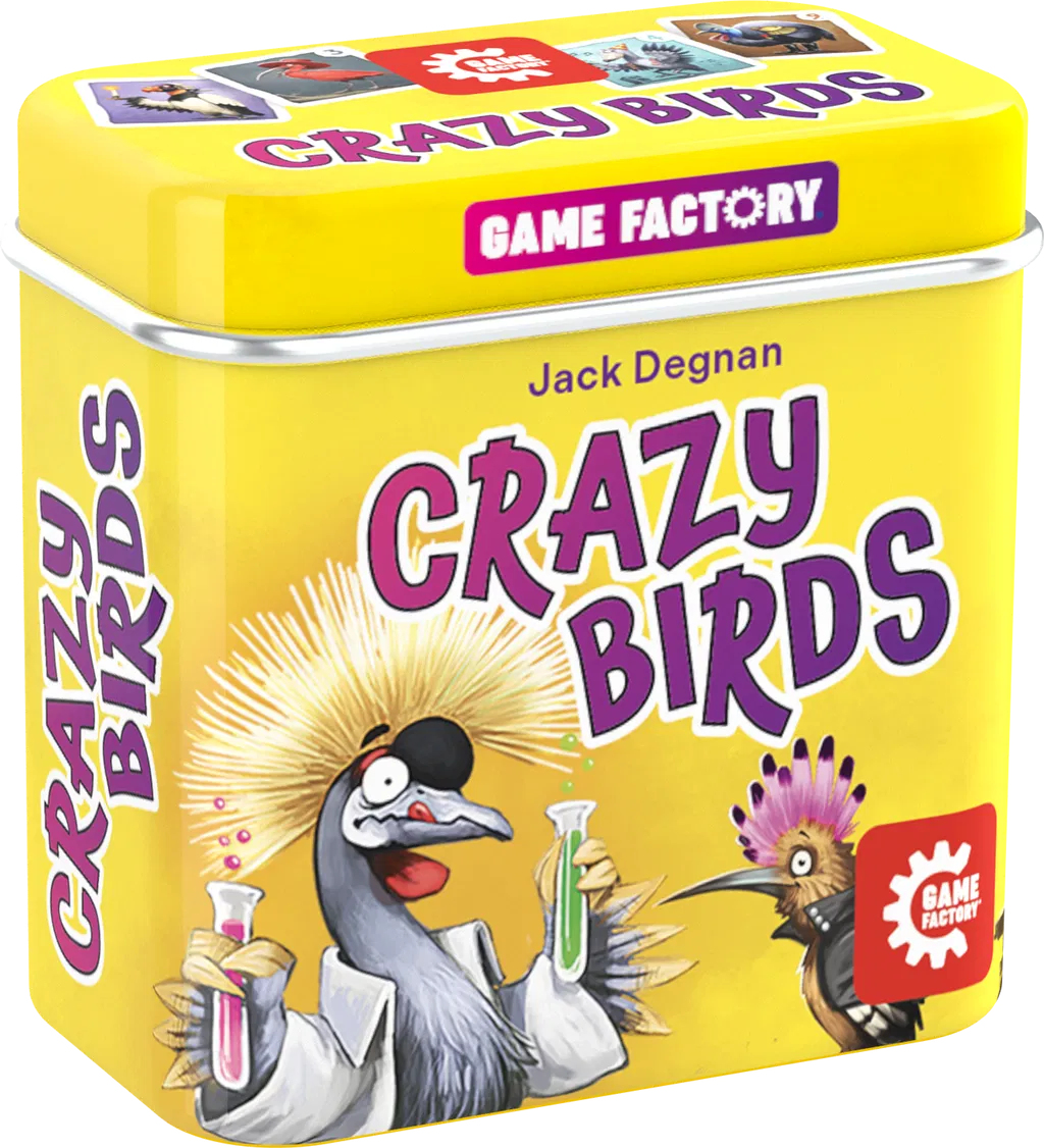 Une boîte de jeu Crazy Birds jaune. Elle présente des illustrations d'oiseaux et les mots 'Crazy Birds'. Un oiseau de dessin animé tient des tubes à essai.