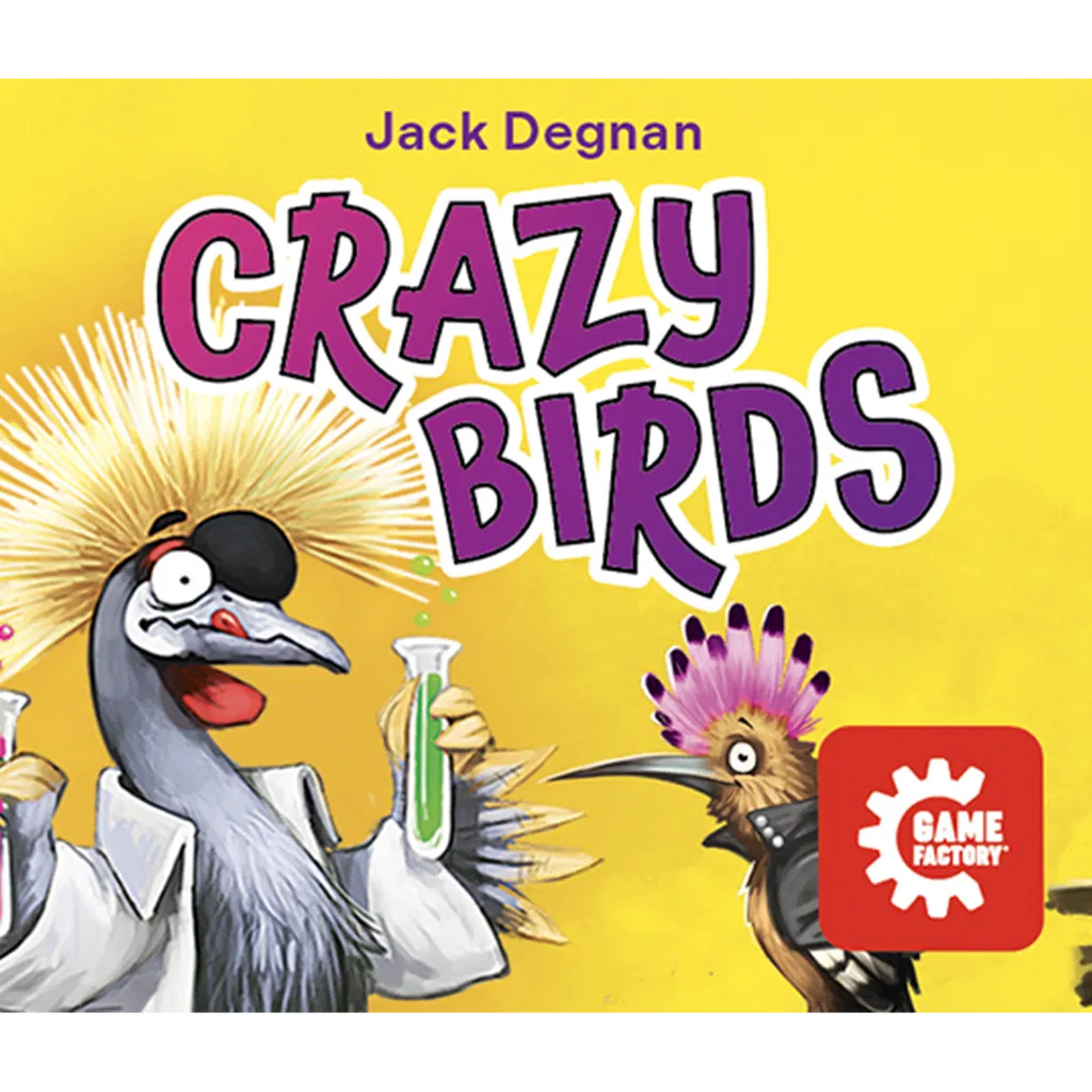 La couverture du jeu 'Crazy Birds'. Deux oiseaux de dessin animé en blouses de laboratoire. Le titre est écrit au-dessus. Logo Game Factory.