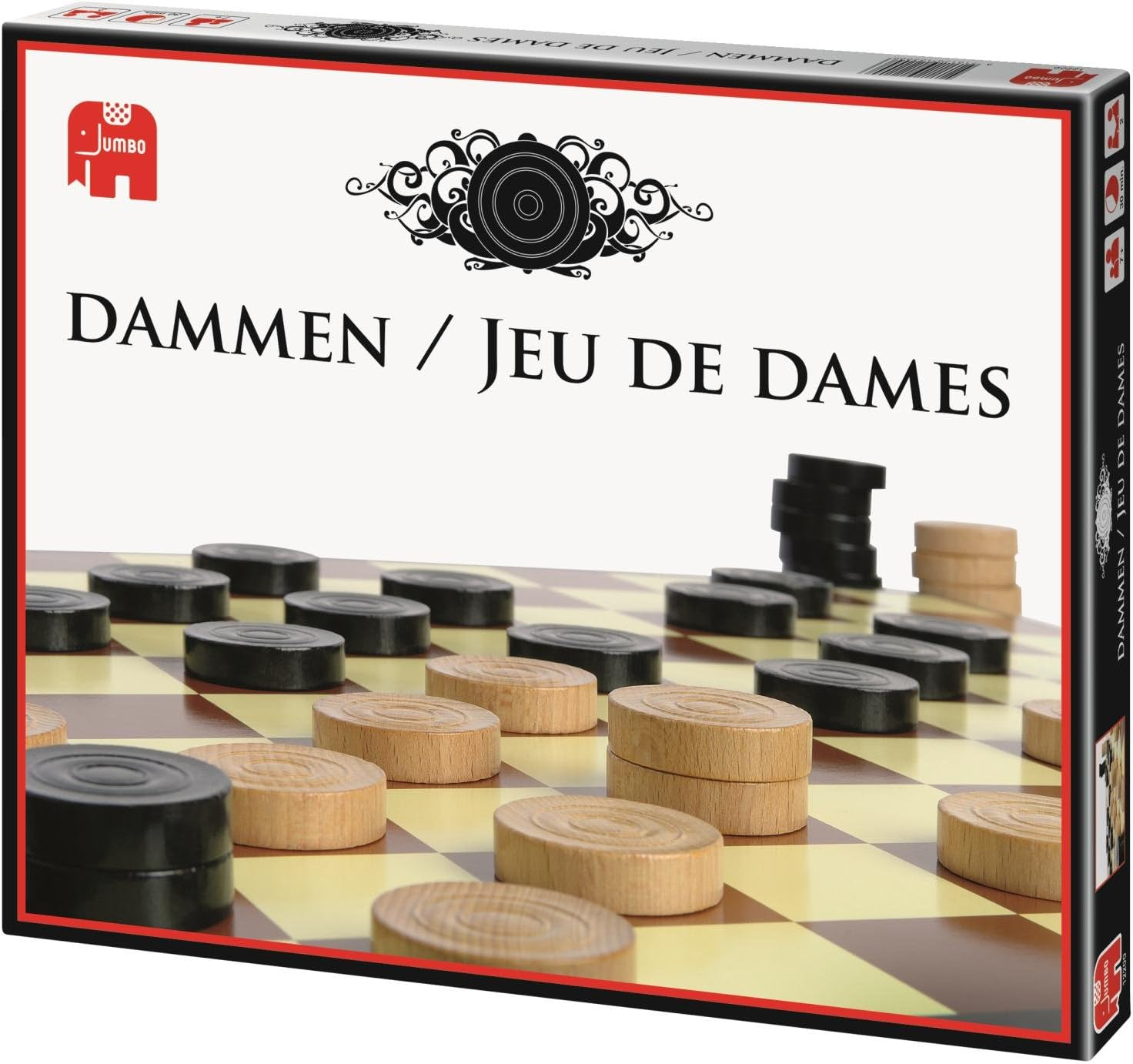 Een damesspeldoos met zwarte en beige damstenen op een dambord. De doos zegt 'Dammen / Jeu de Dames'.