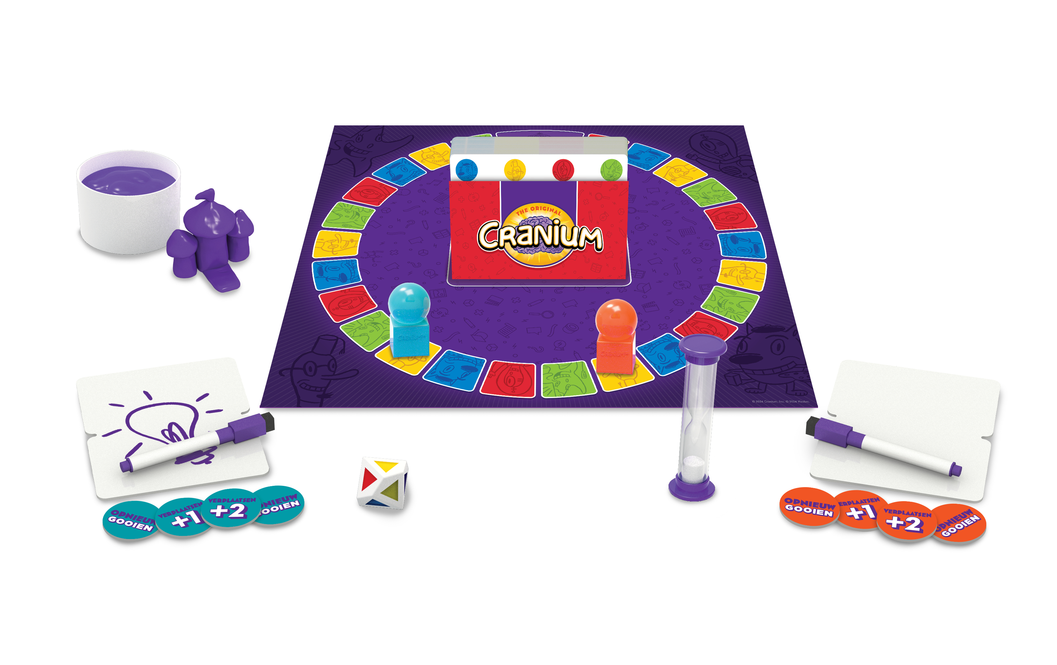 Cranium-Brettspiel mit Spielsteinen, Markern, Würfeln, Timer und einem lila Farbtopf.