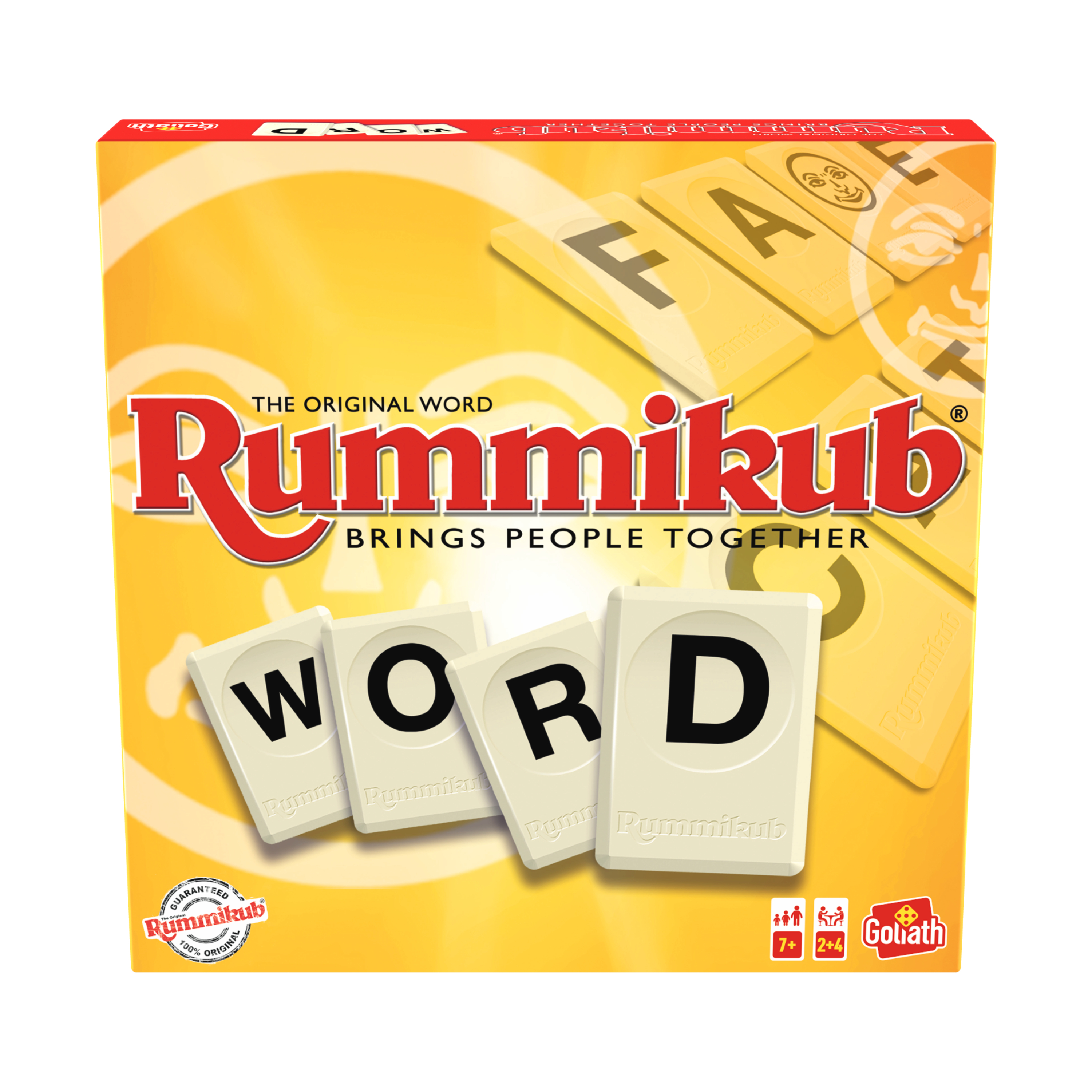 Rummikub speldoos met tegels die 'WORD' spellen. Rood logo, gele achtergrond. 'Brengt mensen samen'.