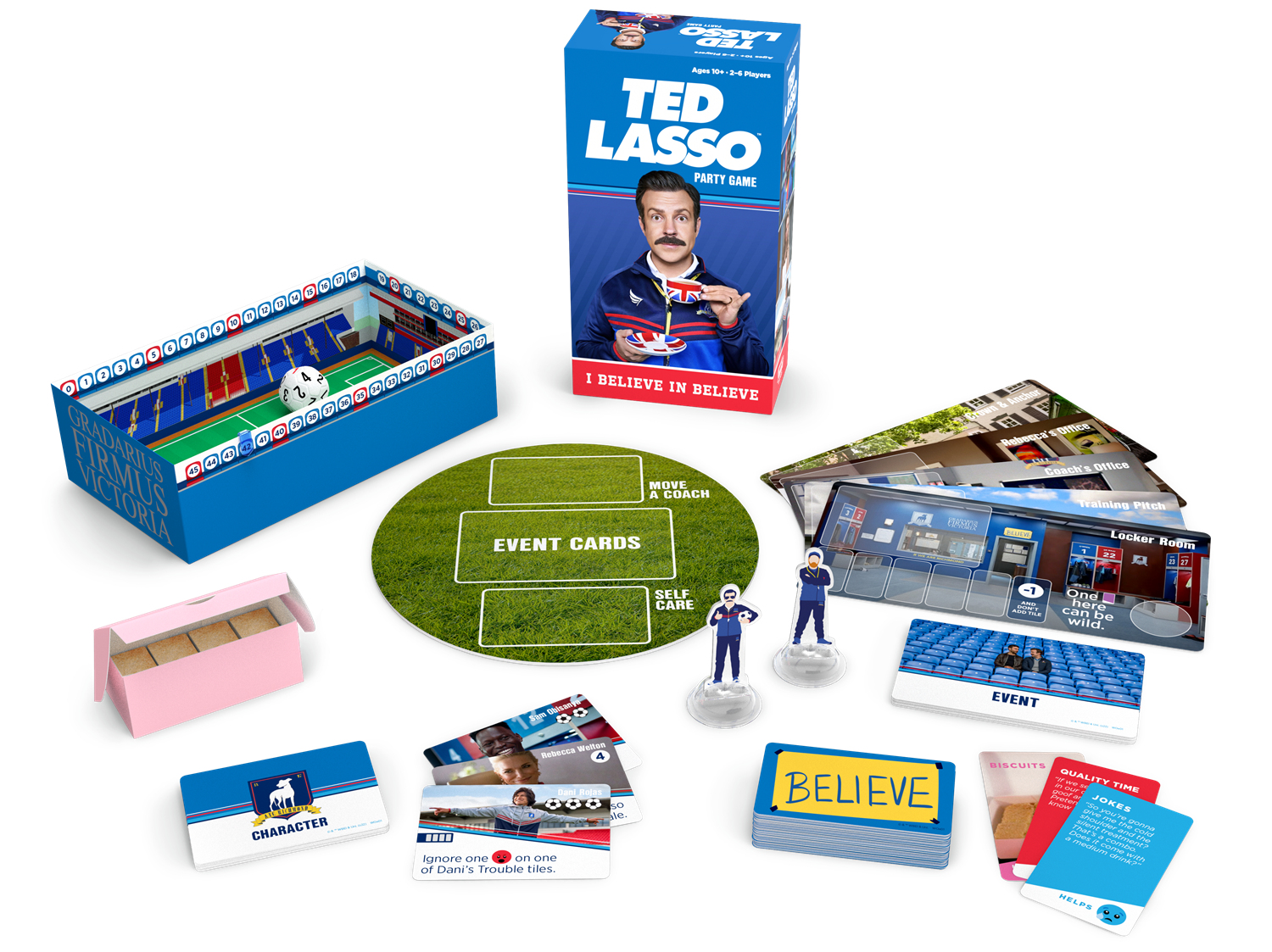 Ted Lasso Party-Spielset mit Spielsteinen, Karten und einem Fußballfeld. Enthält eine Schachtel, Spielfiguren und Karten mit Text.