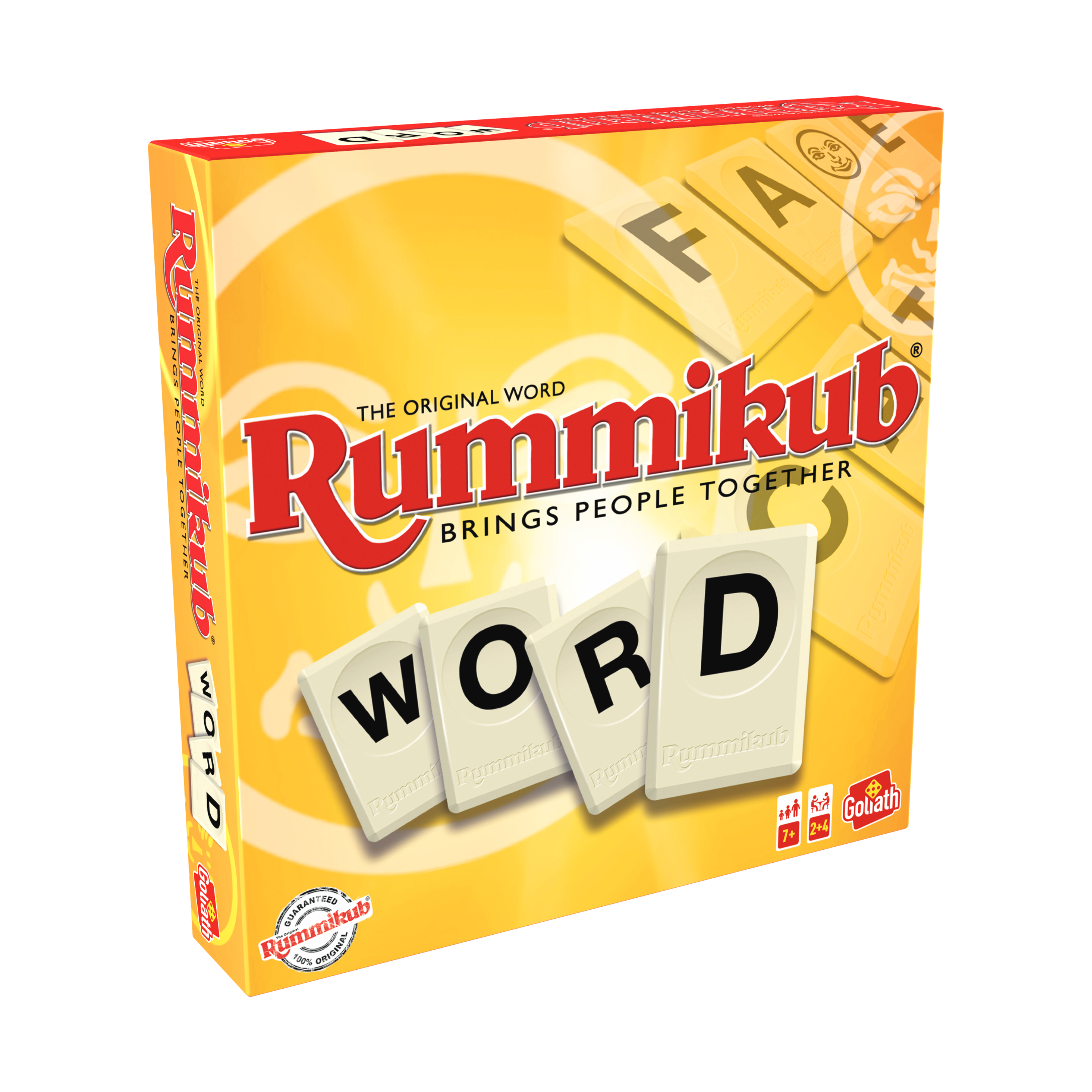 Een Rummikub-doos met tegels die het woord WORD spellen. De doos is geel en rood. De tegels zijn crèmekleurig.