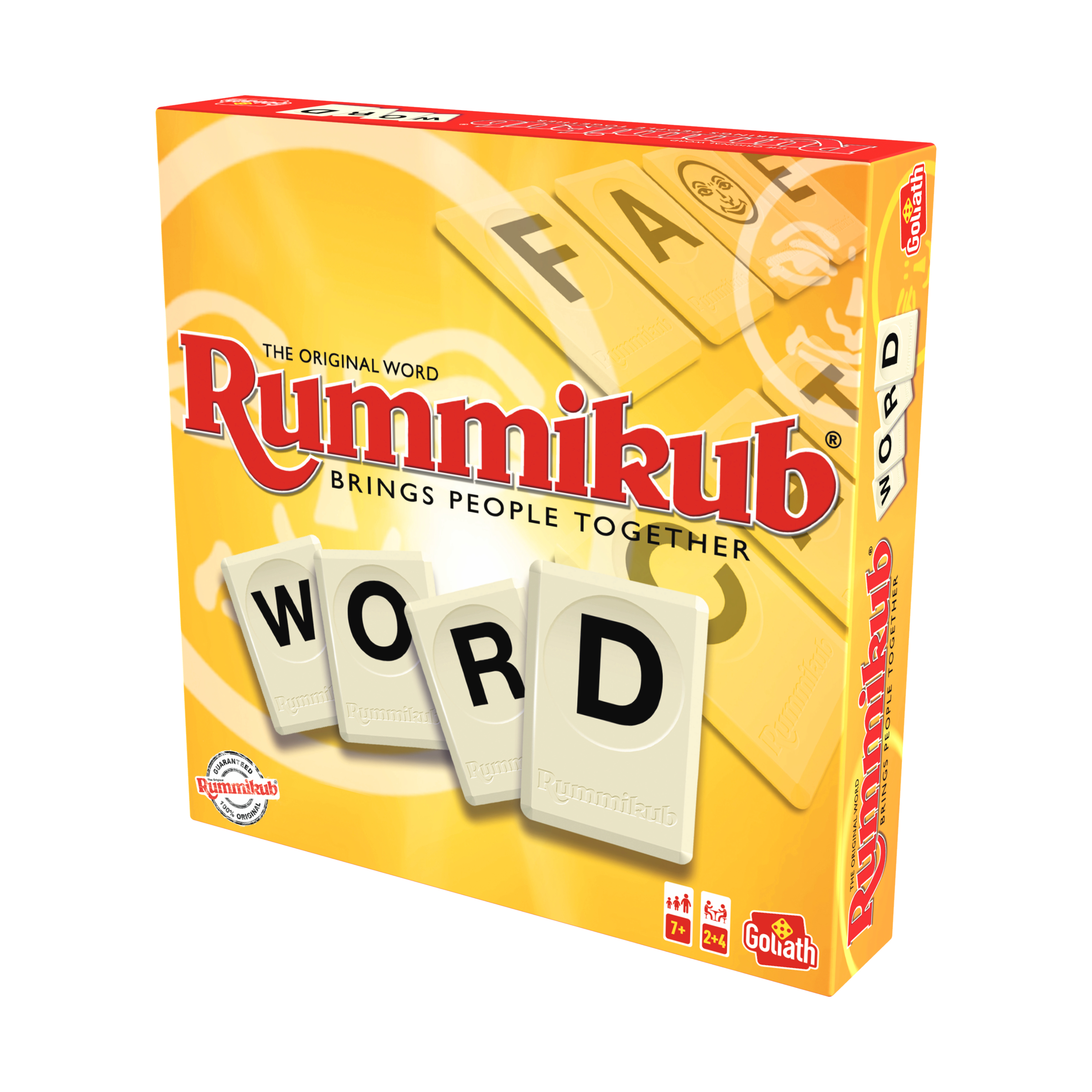 De doos van het Rummikub spel. Het heeft het woord Rummikub erop. De spelstenen tonen het woord WORD.