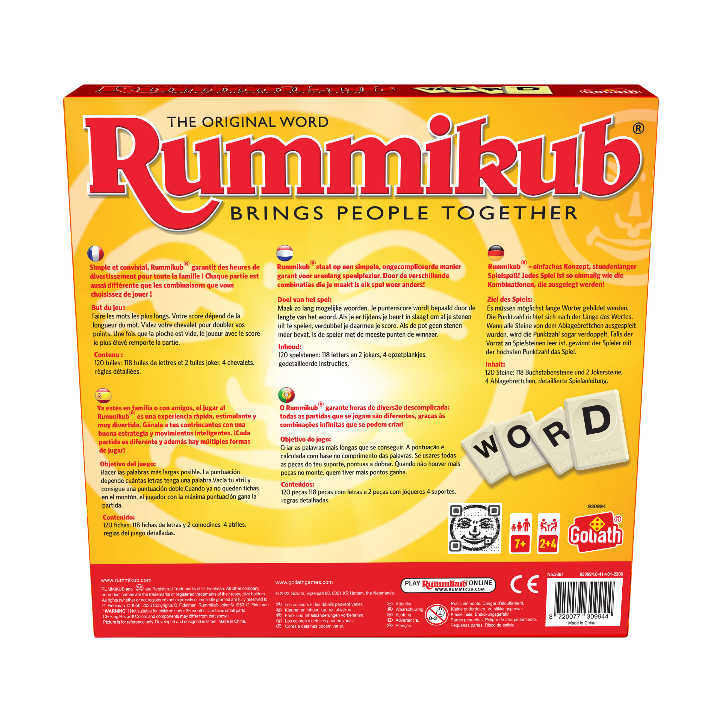 Doos van Rummikub-spel met tekst en spelstukken zichtbaar. Rood, geel en wit zijn prominent.