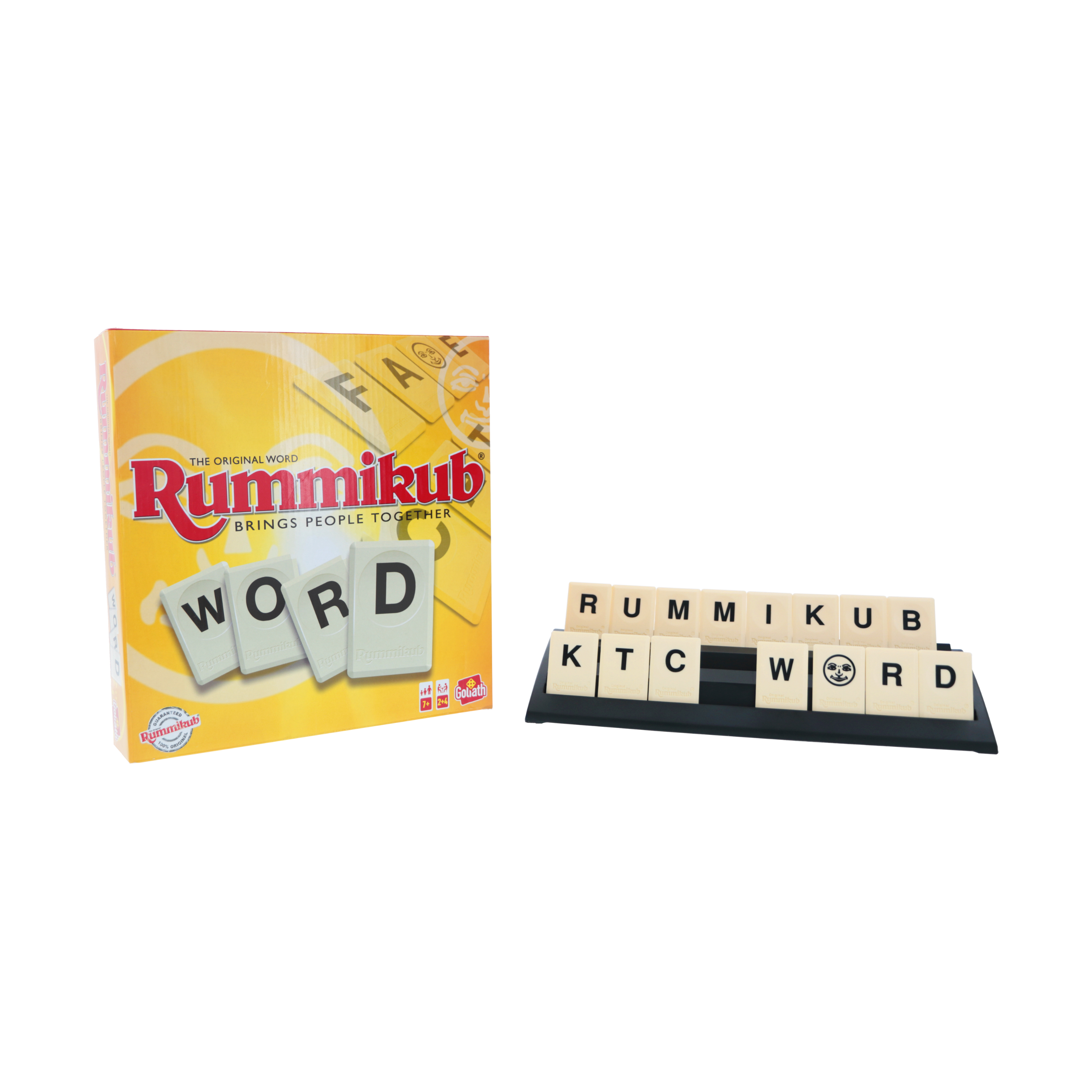 Rummikub speldoos en tegels. De doos is geel en rood. Tegels spellen RUMMIKUB en WORD. Zwarte tegelhouder.