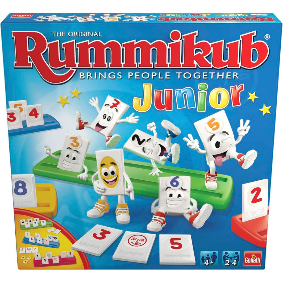 Rummikub Junior doos. Cartoontegels met nummers en gezichten staan op de doos. Felle kleuren: blauw, rood, geel, groen en wit.