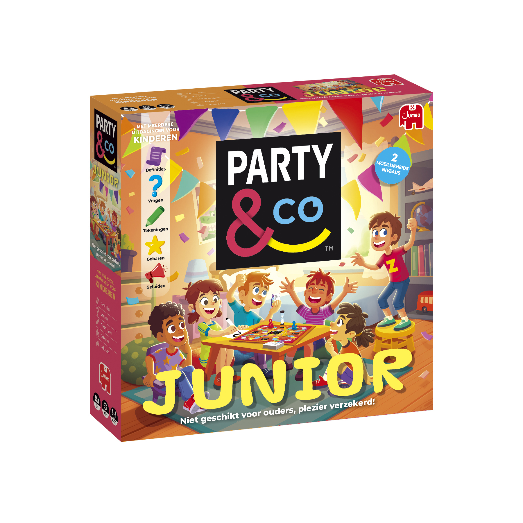De doos van het spel Party & Co Junior met spelende kinderen. De doos heeft de spelnaam en het Jumbo-logo.