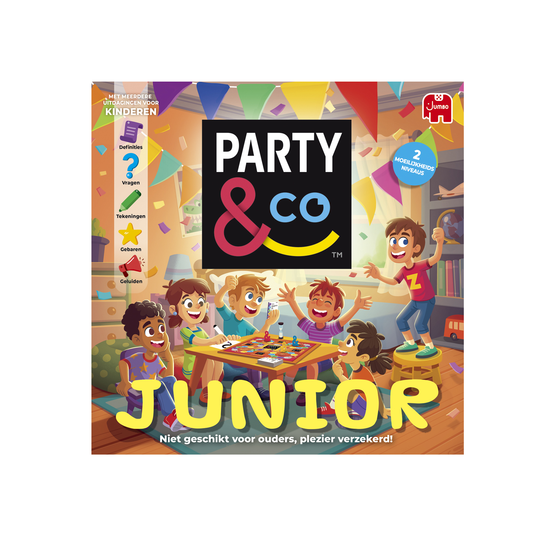 Bordspelbox met spelende kinderen. De titel "Party & Co Junior" wordt getoond. Kleurrijk ontwerp met illustraties.