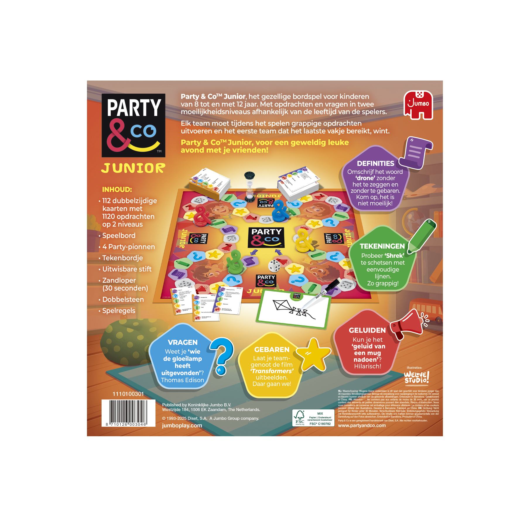 Party & Co Junior bordspel met spelbord, kaarten en speelstukken op een witte achtergrond.