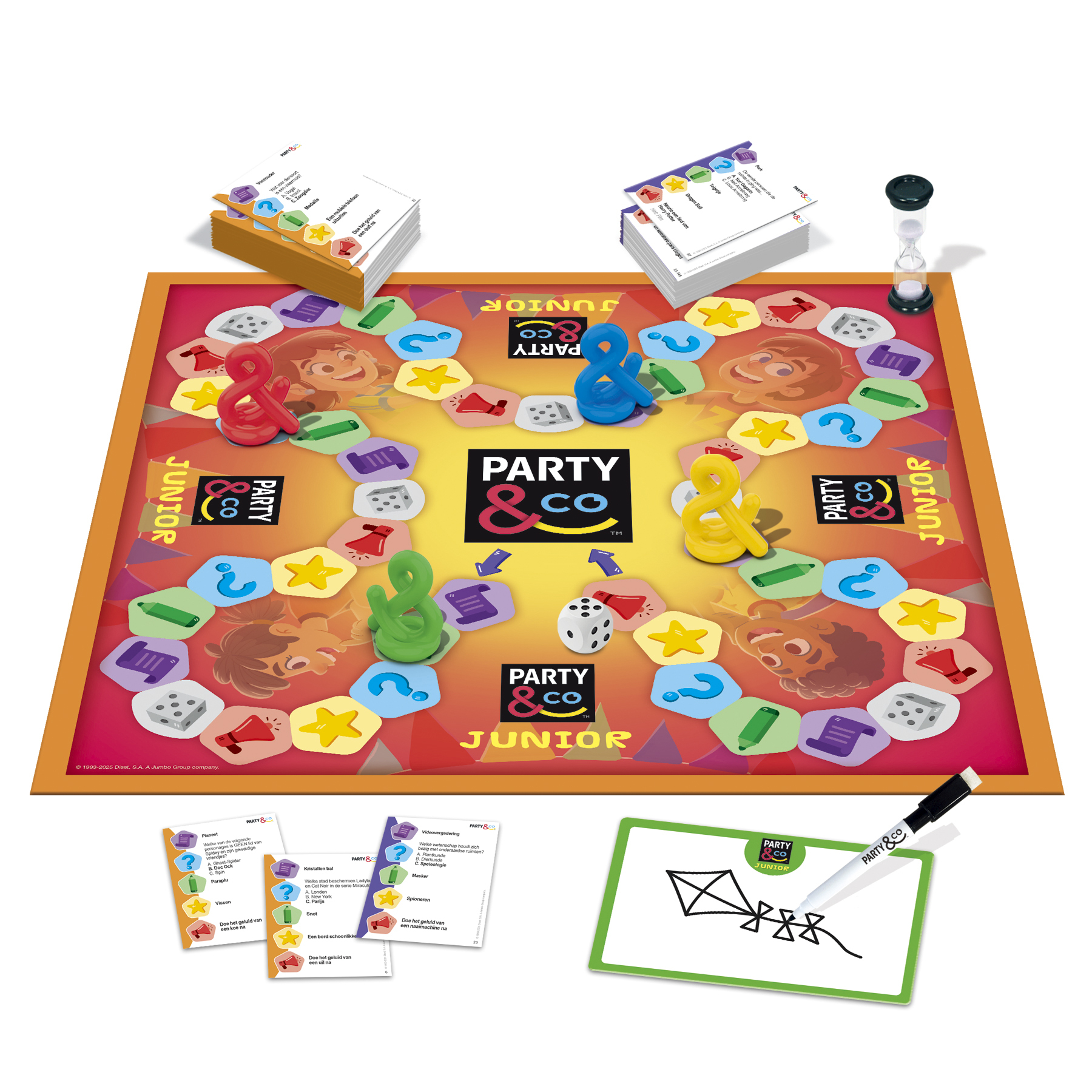 Party & Co Junior bordspel. Bevat bord, kaarten, dobbelstenen, zandloper en markers. Kleurrijk, met stripfiguren.