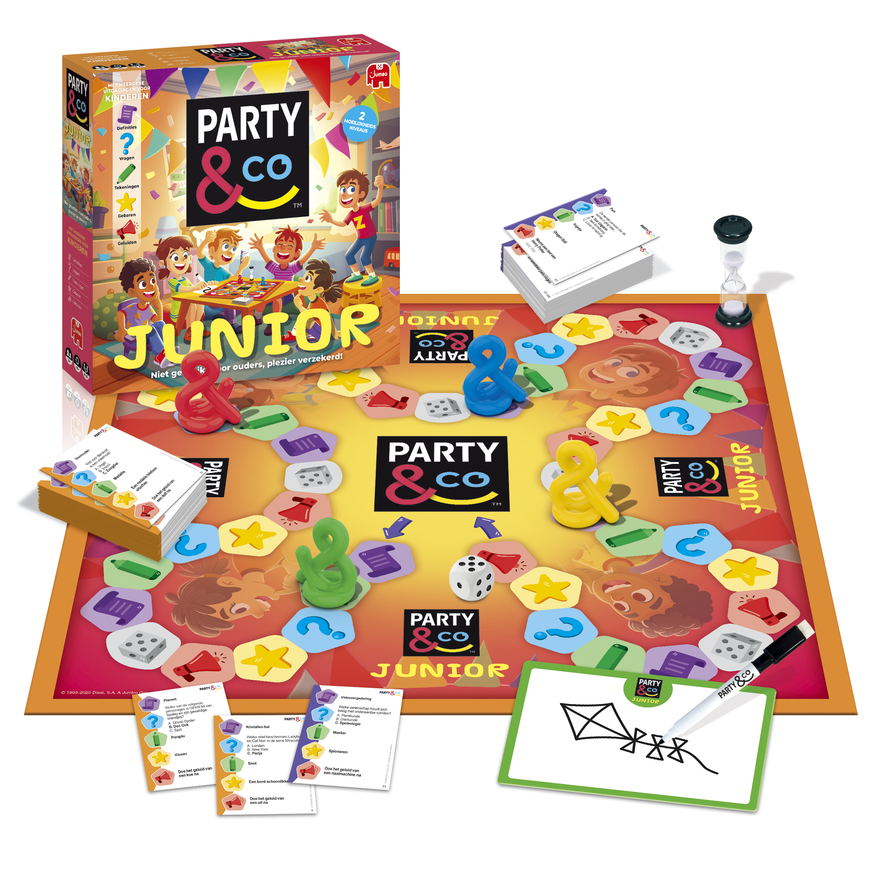 Een Party & Co. Junior bordspelset met spelstukken, kaarten en een tekening van een vlieger op een whiteboard.