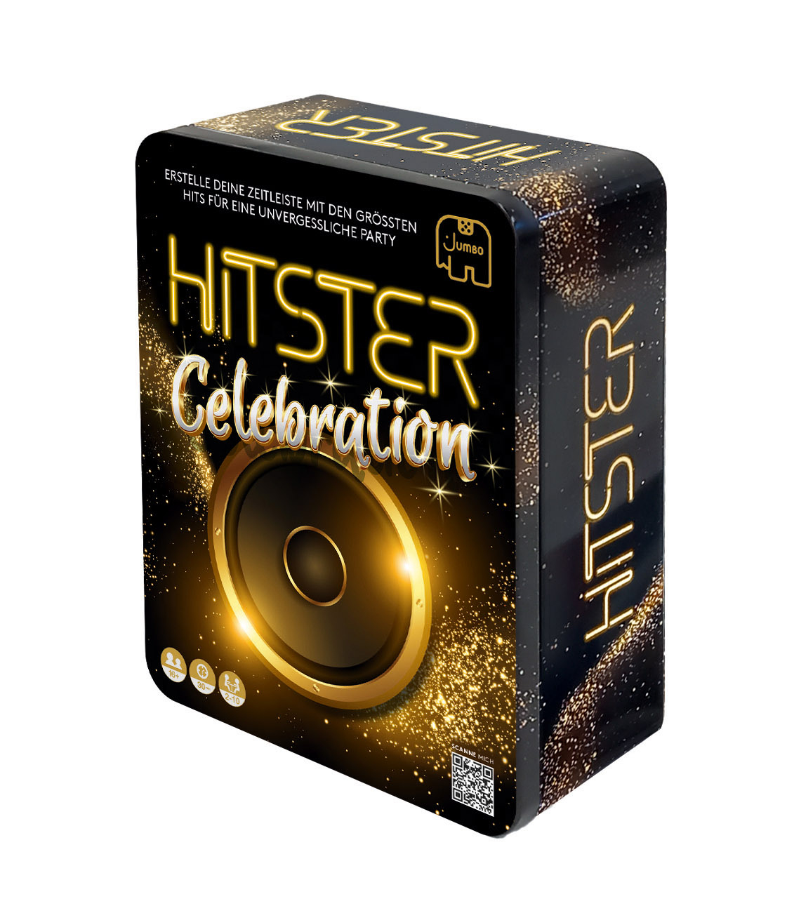Scatola di gioco 'HITSTER Celebration'. Grafica altoparlante dorata, sfondo nero e testo dorato. Logo Jumbo visibile.
