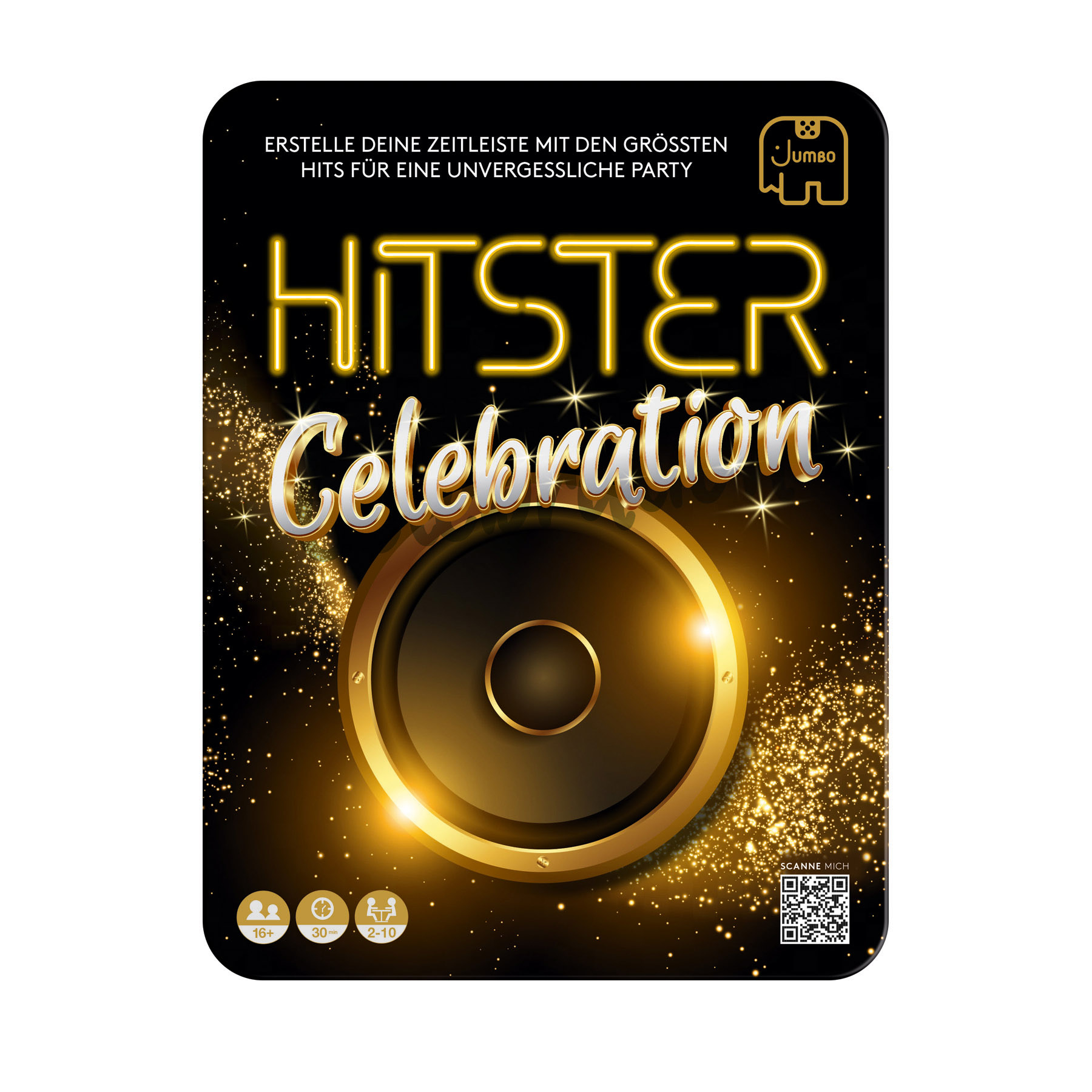 Una scatola di gioco con un design a altoparlante. Dice 'HITSTER Celebration' con testo oro e bianco.