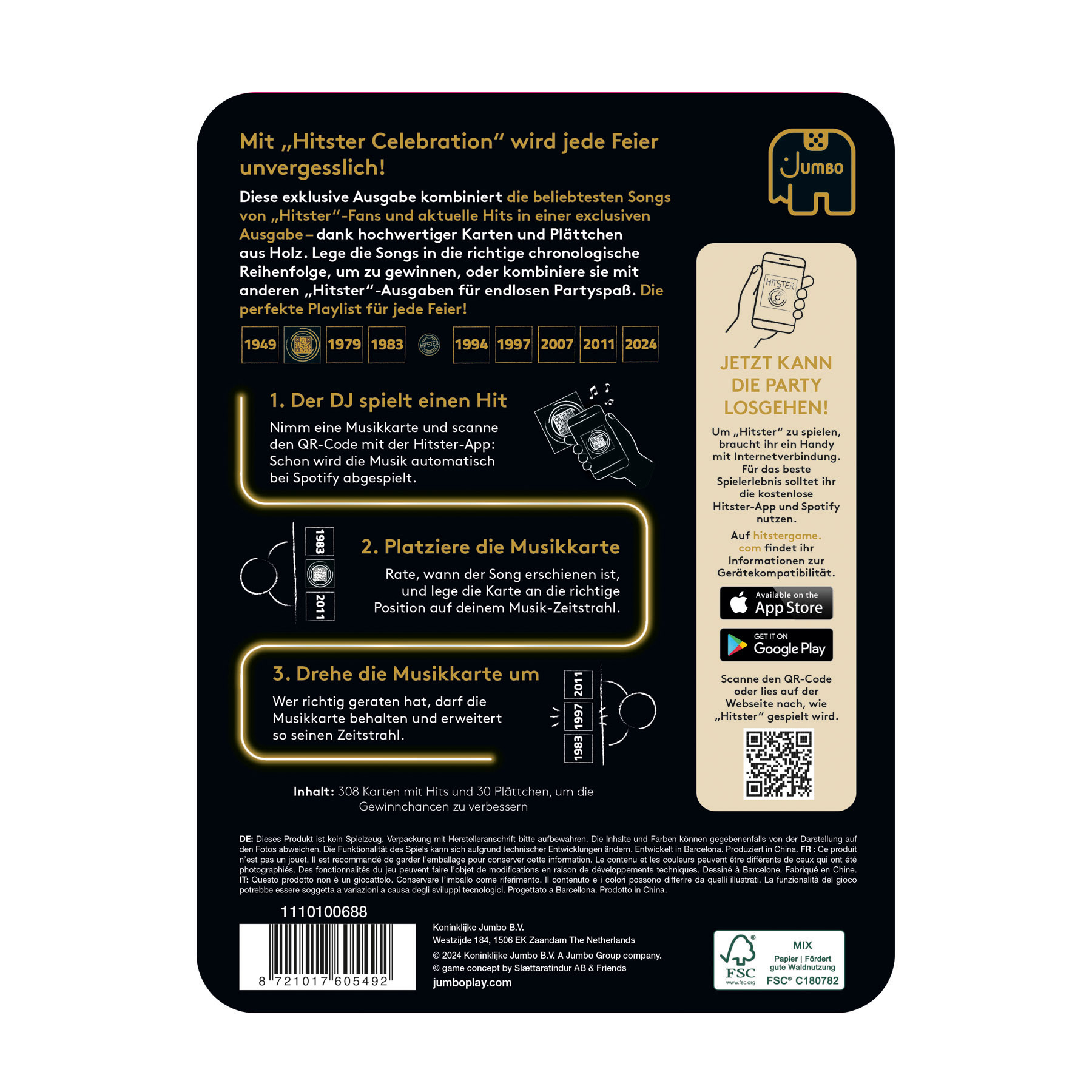 Scatola del gioco da tavolo Hitster Celebration con anni, logo e telefono con codice QR.