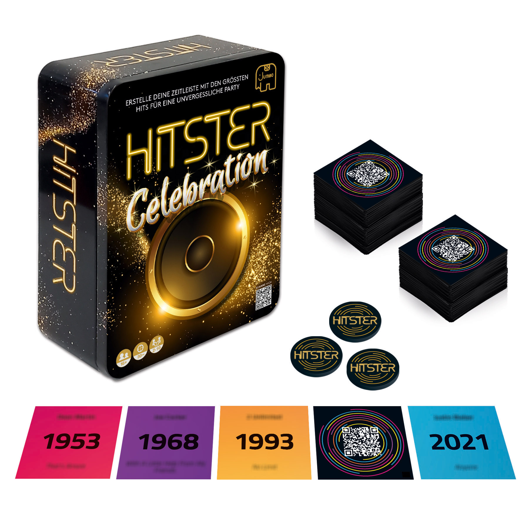 Una scatola di gioco, HITSTER Celebration, con carte e gettoni. Sono mostrate le date 1953, 1968, 1993, 2021.