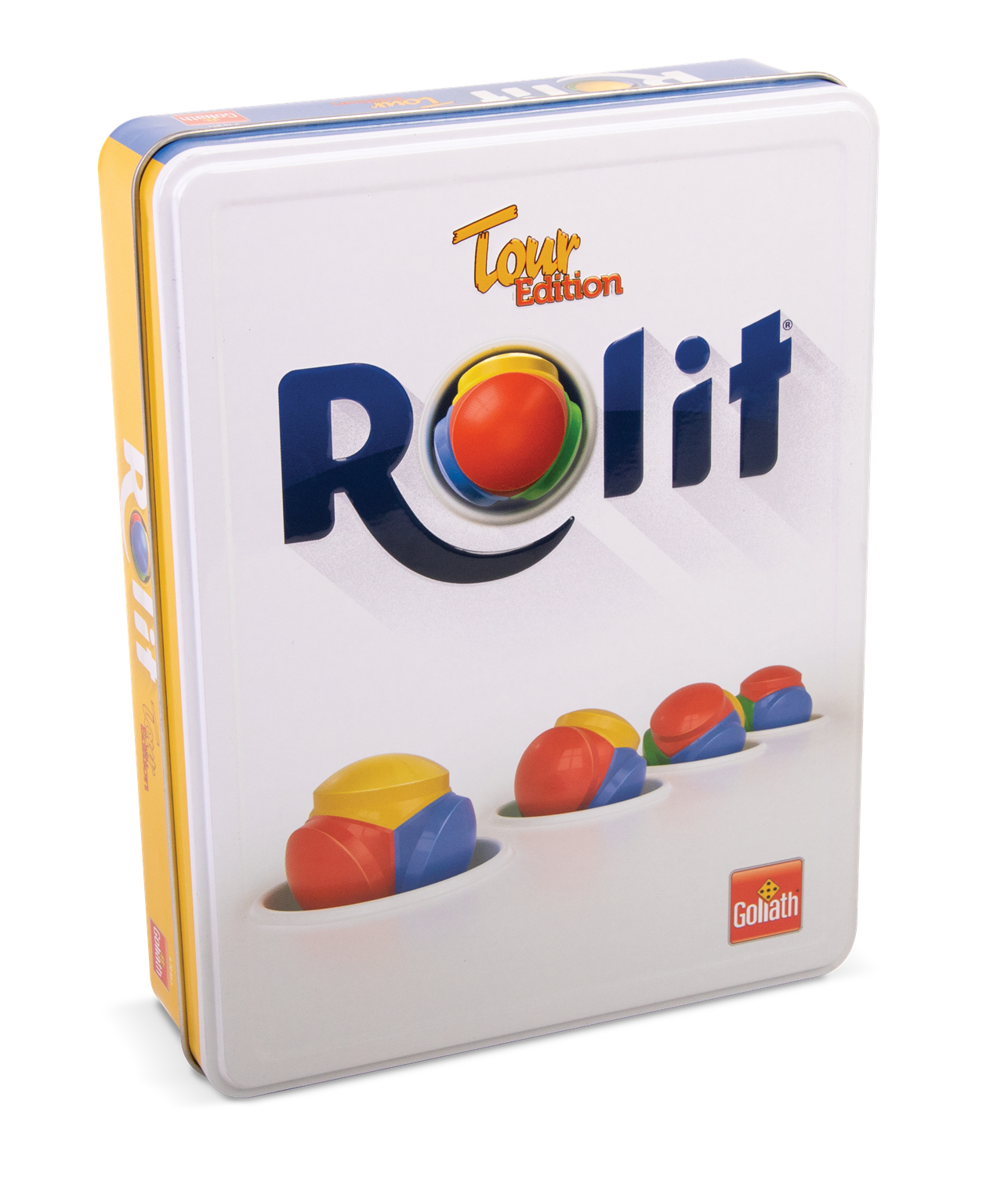 Eine Rolit Tour Edition Spielbox. Die Box ist weiß mit dem Spielnamen in Blau und einem mehrfarbigen Ball. Es gibt farbige Teile.