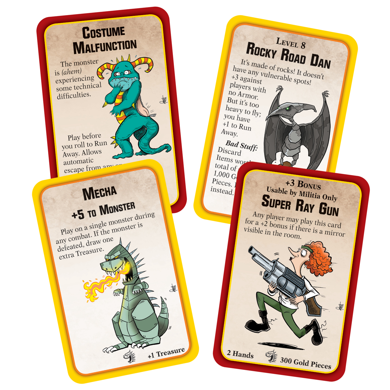 Vier Spielkarten: Kostümfehlfunktion, Mecha, Rocky Road Dan und Super Ray Gun. Jede Karte hat einzigartige Illustrationen und Text.