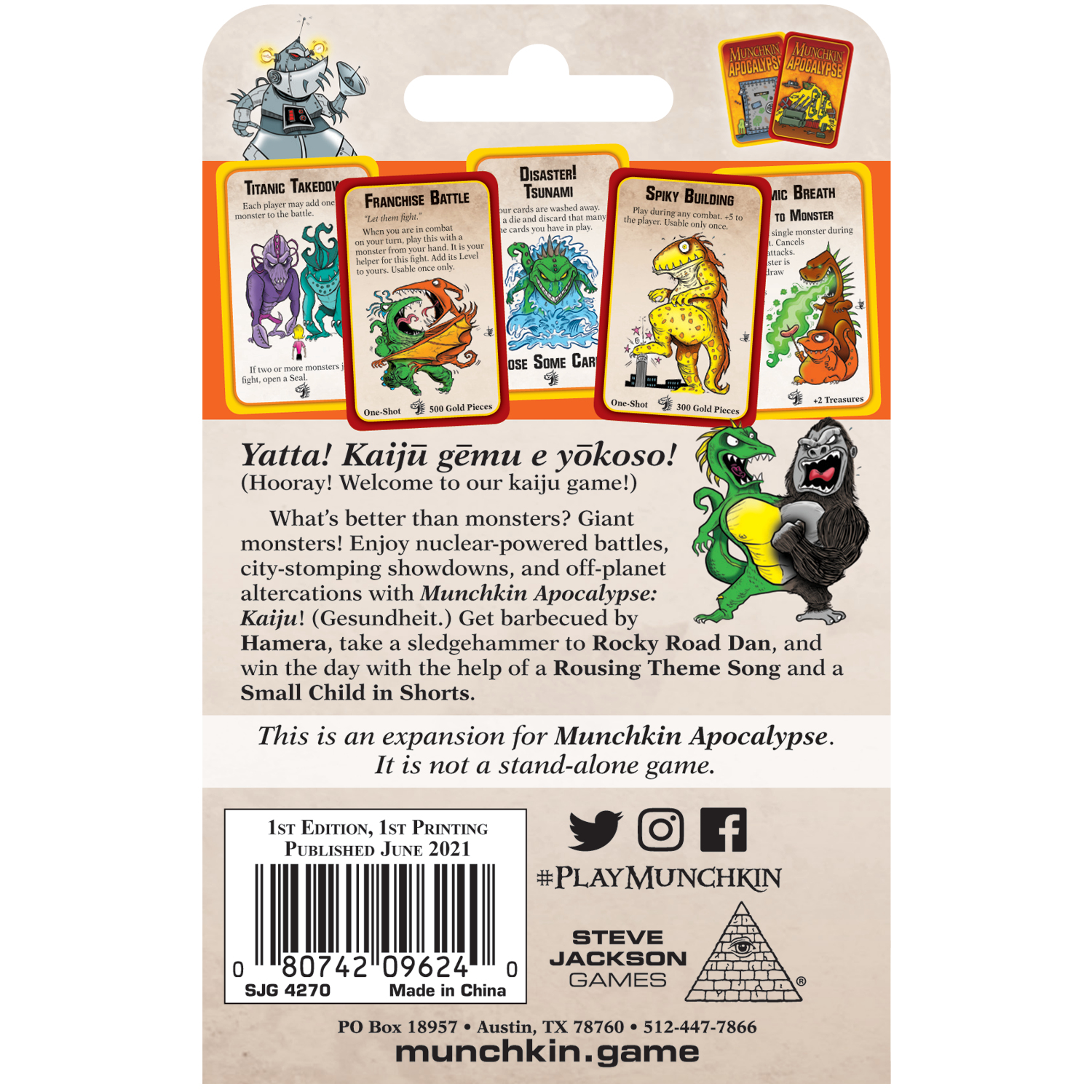Eine Munchkin Apocalypse-Kartenspielbox. Karten zeigen Monster und Text. Unten sind ein grünes Monster und ein Gorilla.