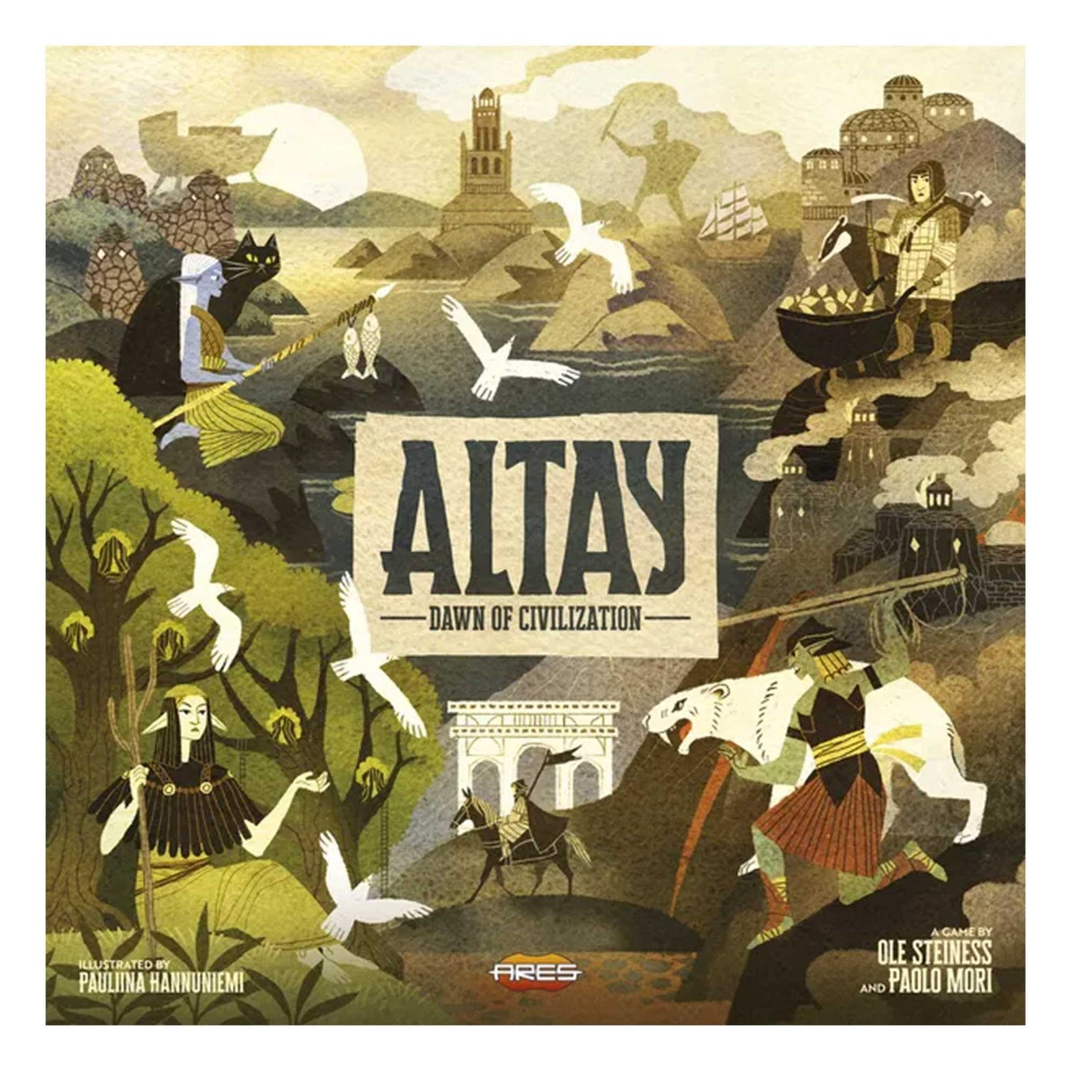 Ein Spielcover mit verschiedenen Figuren und Gebäuden. Ein Titel 'ALTAY - Dawn of Civilization' ist vorhanden.