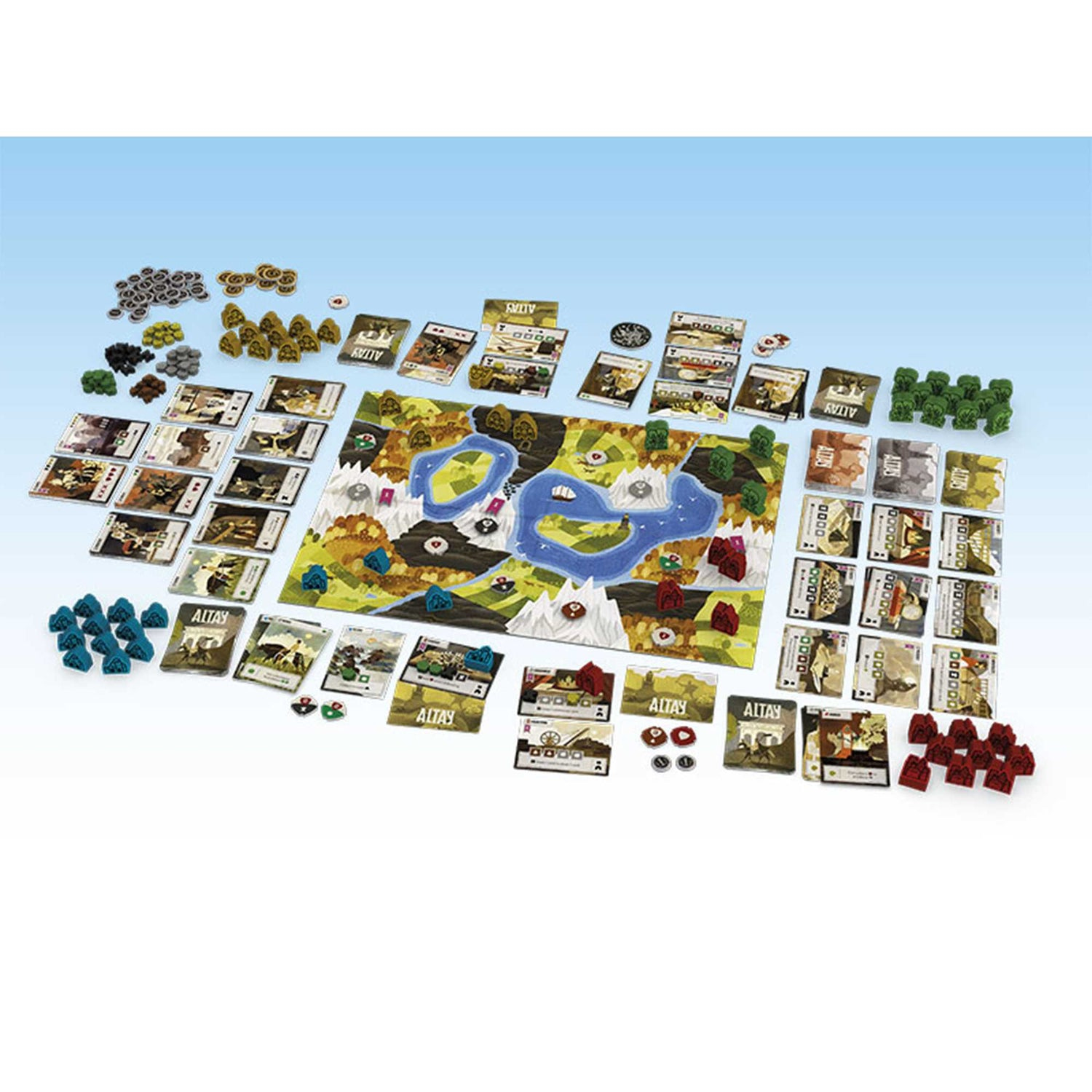 Brettspiel mit Karten und Spielsteinen. Das Spielbrett zeigt eine Landschaft mit Bergen, Flüssen und Bäumen. Verschiedenfarbige Spielsteine sind verstreut.