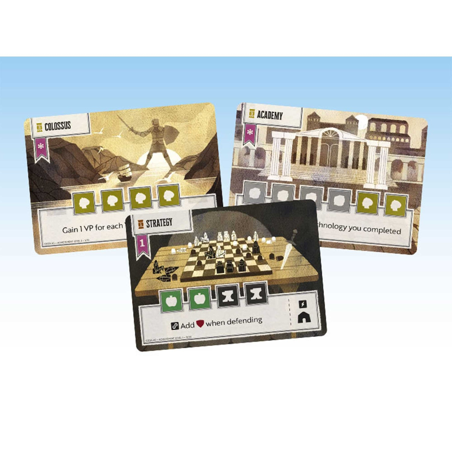 Drei Spielkarten. Eine zeigt einen Krieger, eine ein Gebäude und die letzte ein Schachbrett. Alle Karten haben Symbole und Text.