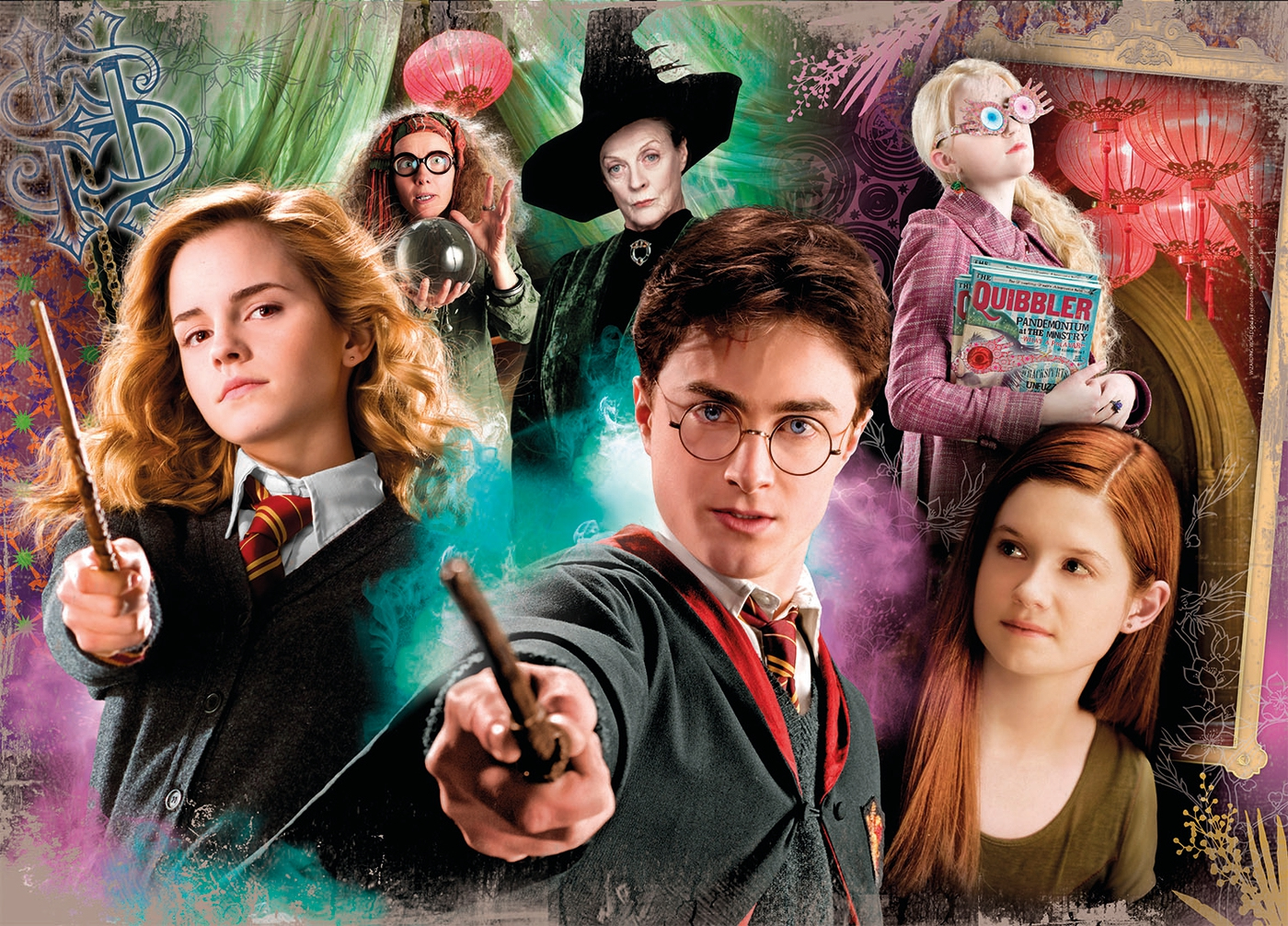 Elenco de Harry Potter, sosteniendo varitas y mirando hacia adelante. Hermione, Harry y otros personajes están en la imagen, con colores brillantes.