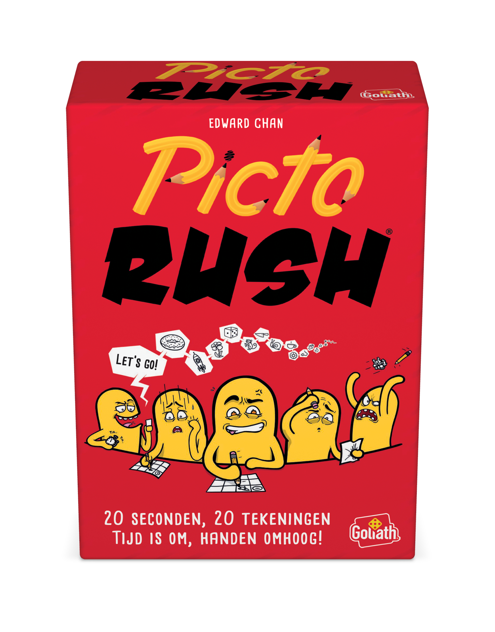 Een rode doos met de titel 'Picto Rush'. Gele karakters tonen emoties. Tekst zegt 'Let's go!' en '20 seconden, 20 tekeningen'.