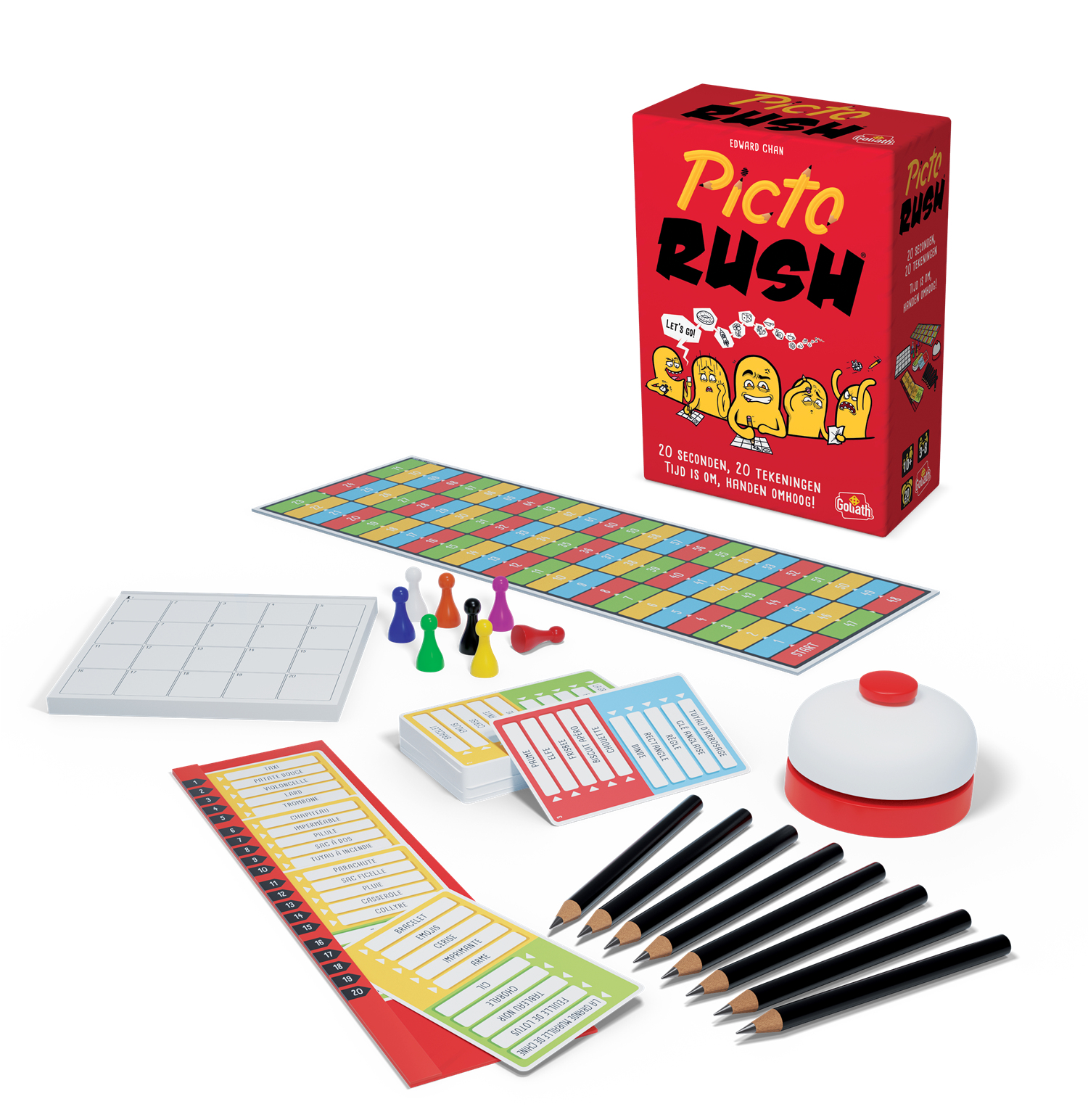 De Picto Rush-gameset bevat een bord, kaarten, potloden, pionnen, een timer, een bel en een doos.