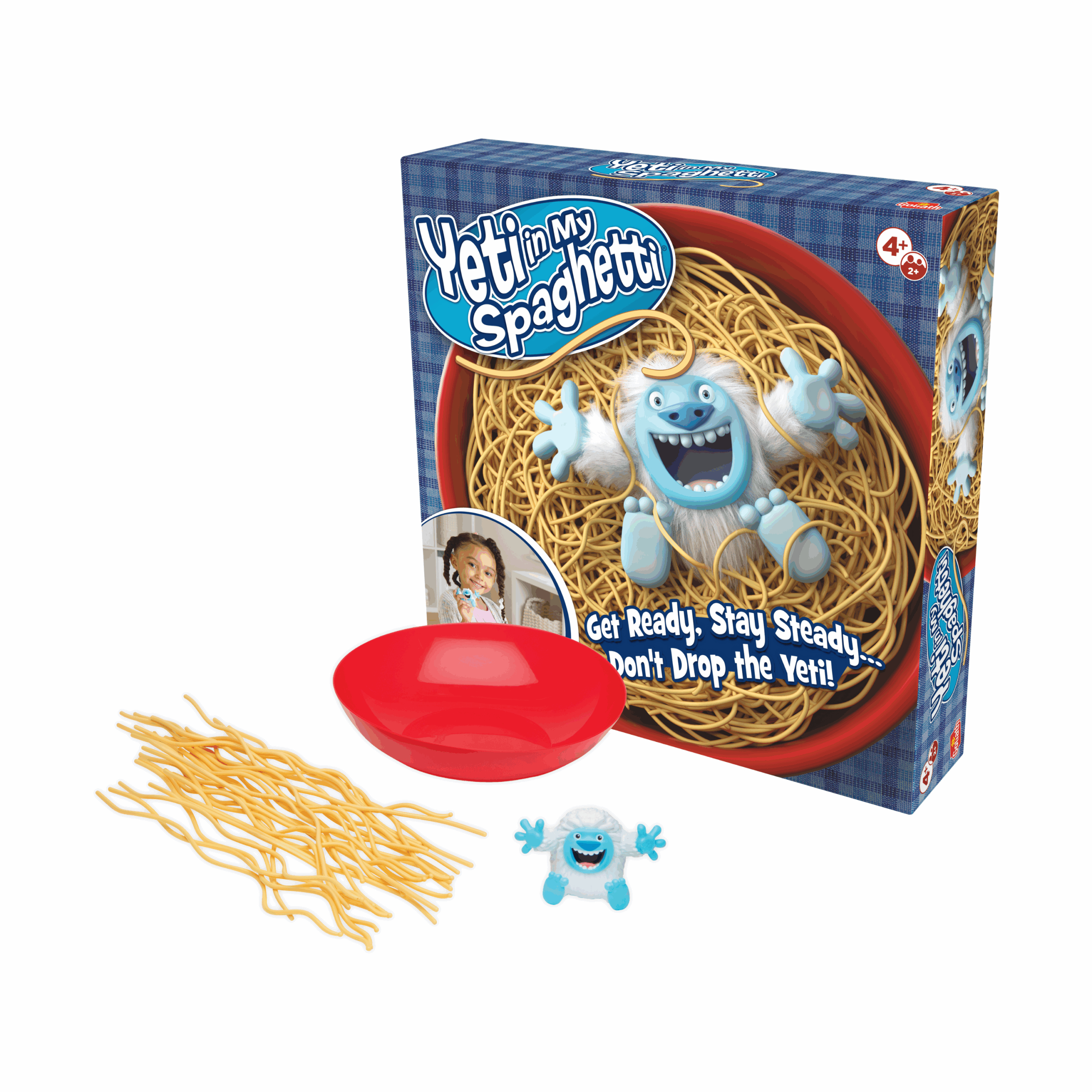 La boîte de jeu 'Yeti in My Spaghetti' est affichée avec un bol rouge, un jouet Yeti et des spaghettis. Un enfant est montré sur la boîte.