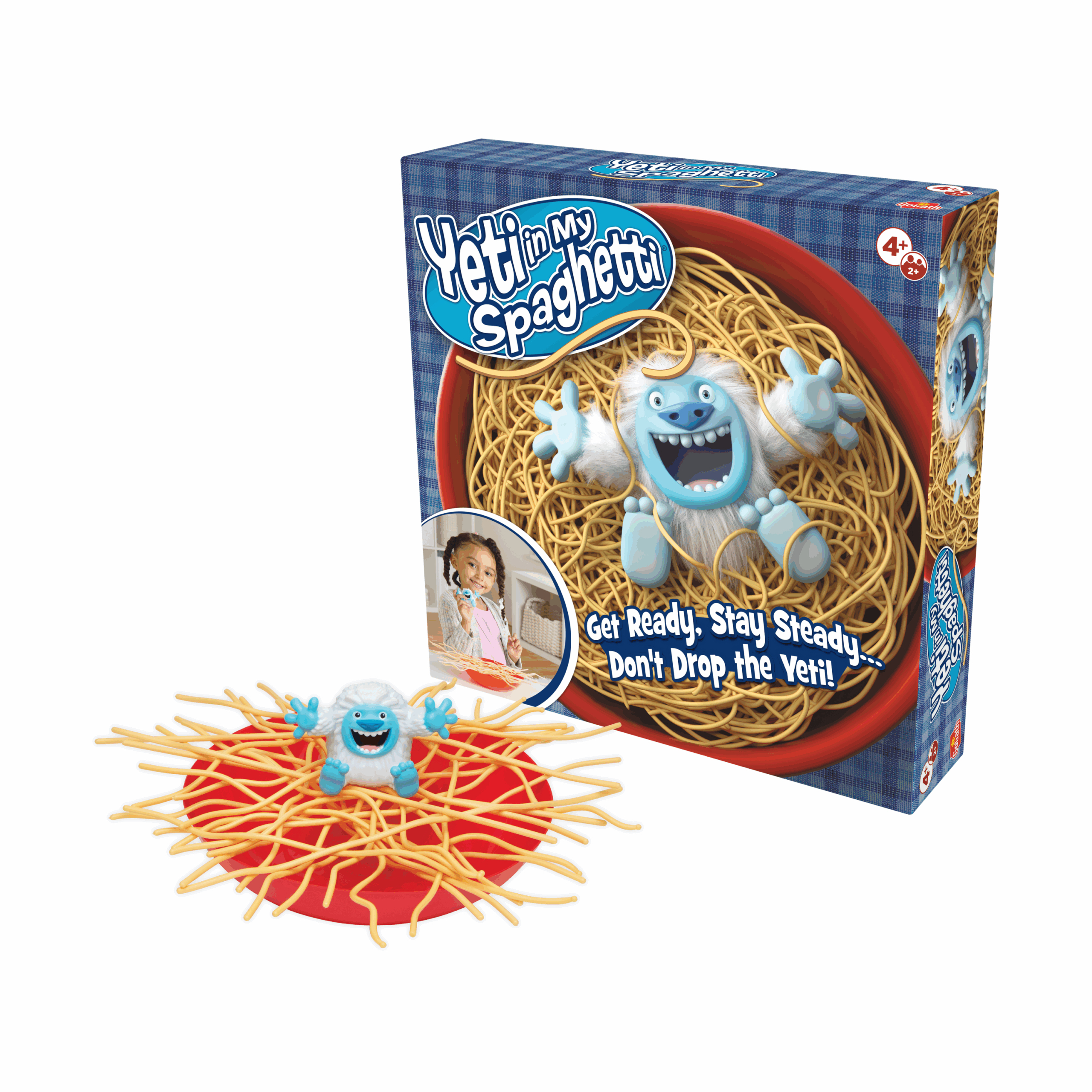 Une boîte de jeu Yeti in My Spaghetti avec une figurine de Yeti, des spaghettis et une assiette rouge, le tout sur fond blanc.