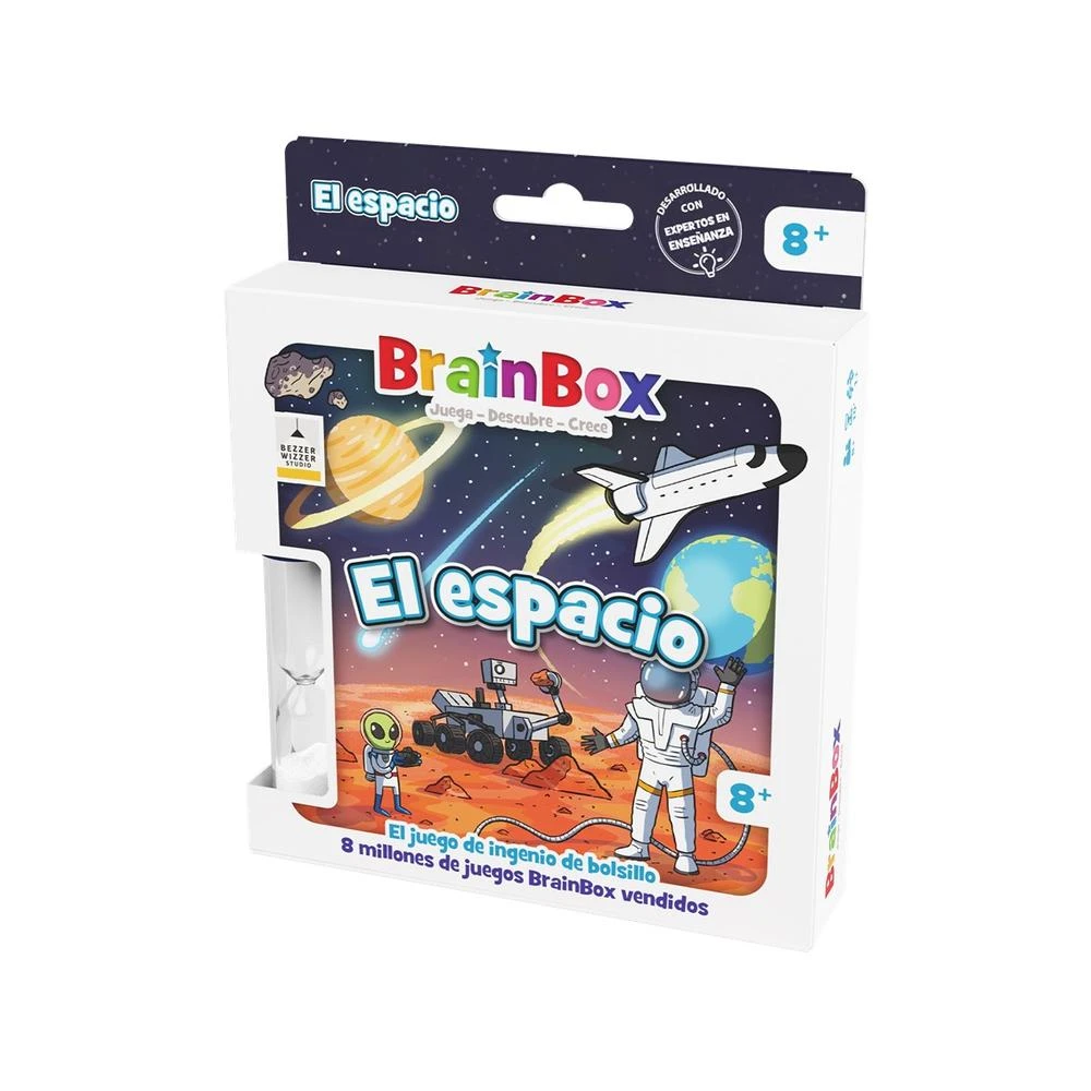 Una caja del juego BrainBox titulada 'El Espacio' presenta una escena espacial con un astronauta, un alien y una nave espacial.