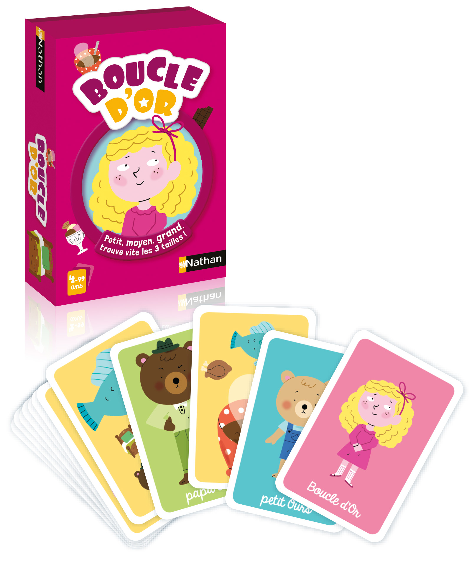 Ein Spielkarton und Karten mit Illustrationen eines blonden Mädchens, Bären und Essens. Die Schachtel ist rosa und beschriftet.